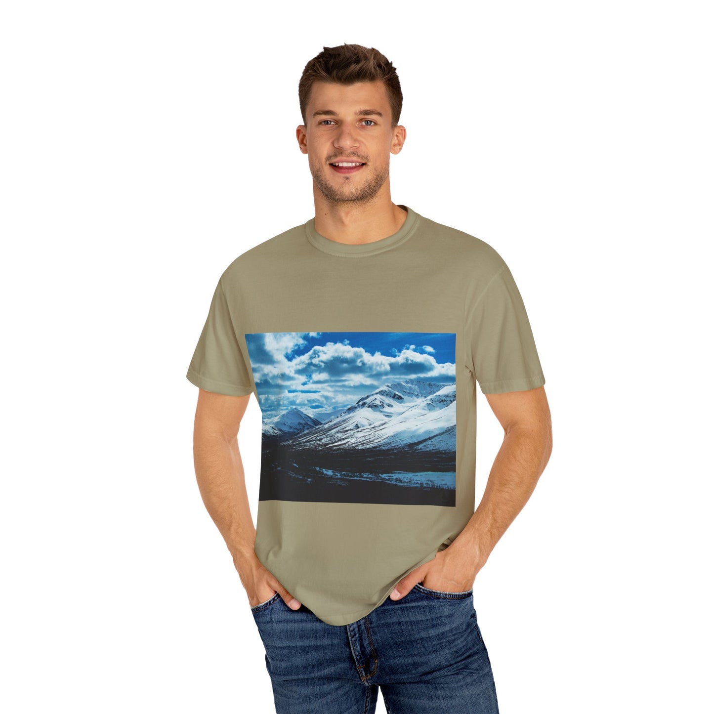 Alpine Majesty: Winter Mountain Panorama, Pristine Snow-Capped Peaks, Wilderness Landscapephotography shirts