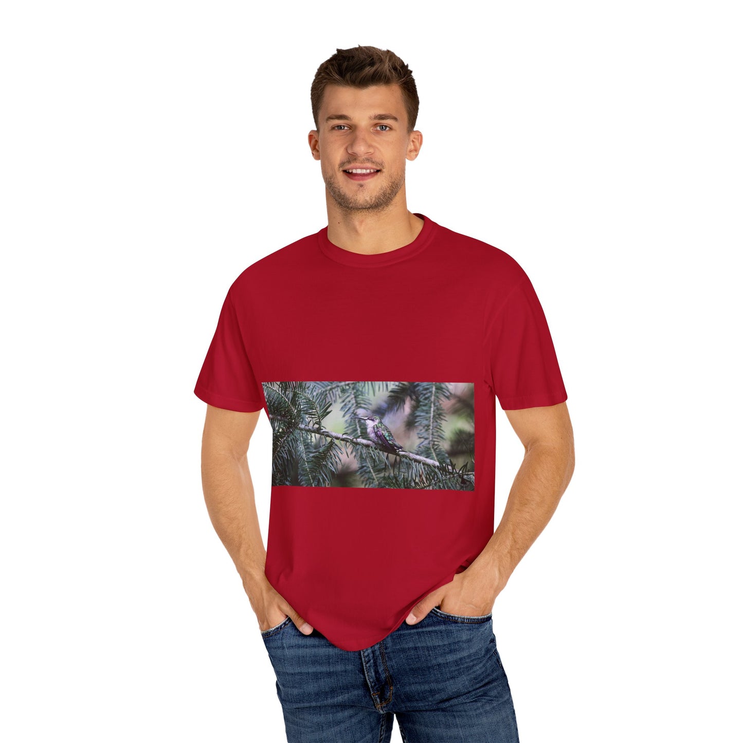 Emerald Wings: Hummingbird in Conifer Haven, Wildlife Macro Photographyphotography shirts
