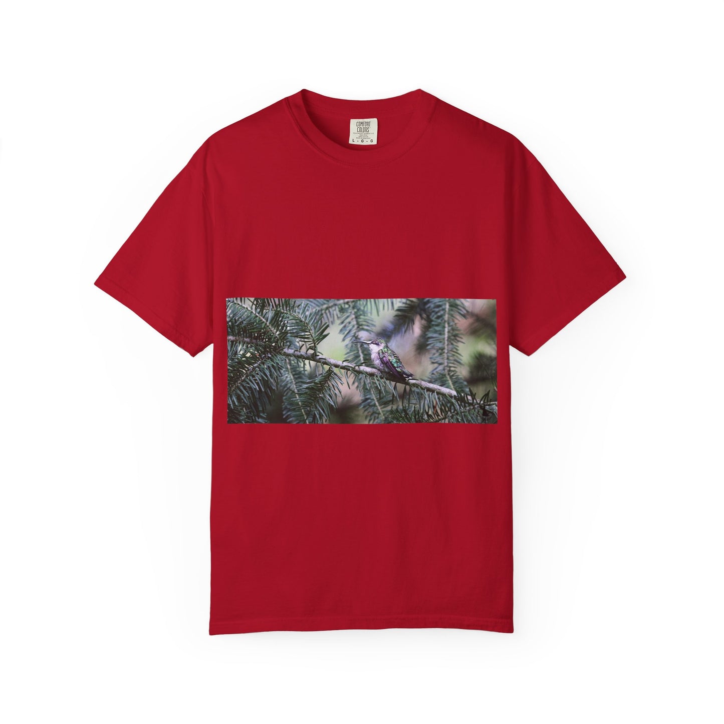 Emerald Wings: Hummingbird in Conifer Haven, Wildlife Macro Photographyphotography shirts