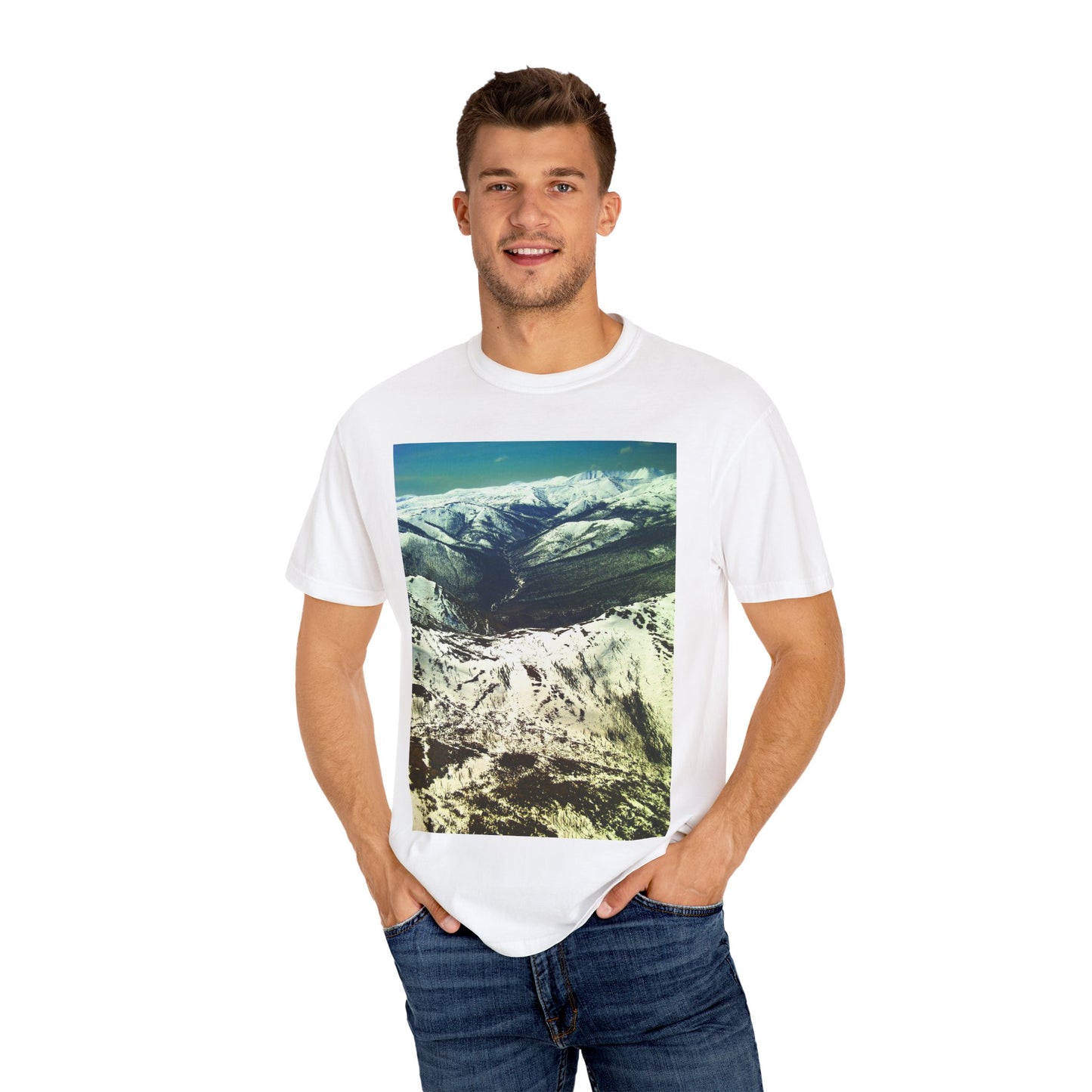 Alpine Winter Panorama: Aerial Mountain Landscape, Snow-Capped Wilderness, Pristine Winter Terrainphotography shirts