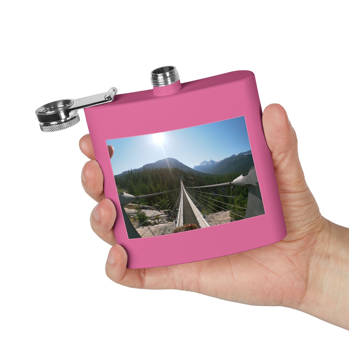 6oz Stainless Steel Flask with Mountain Suspension Bridge Photo — Outdoor Adventure Gift
