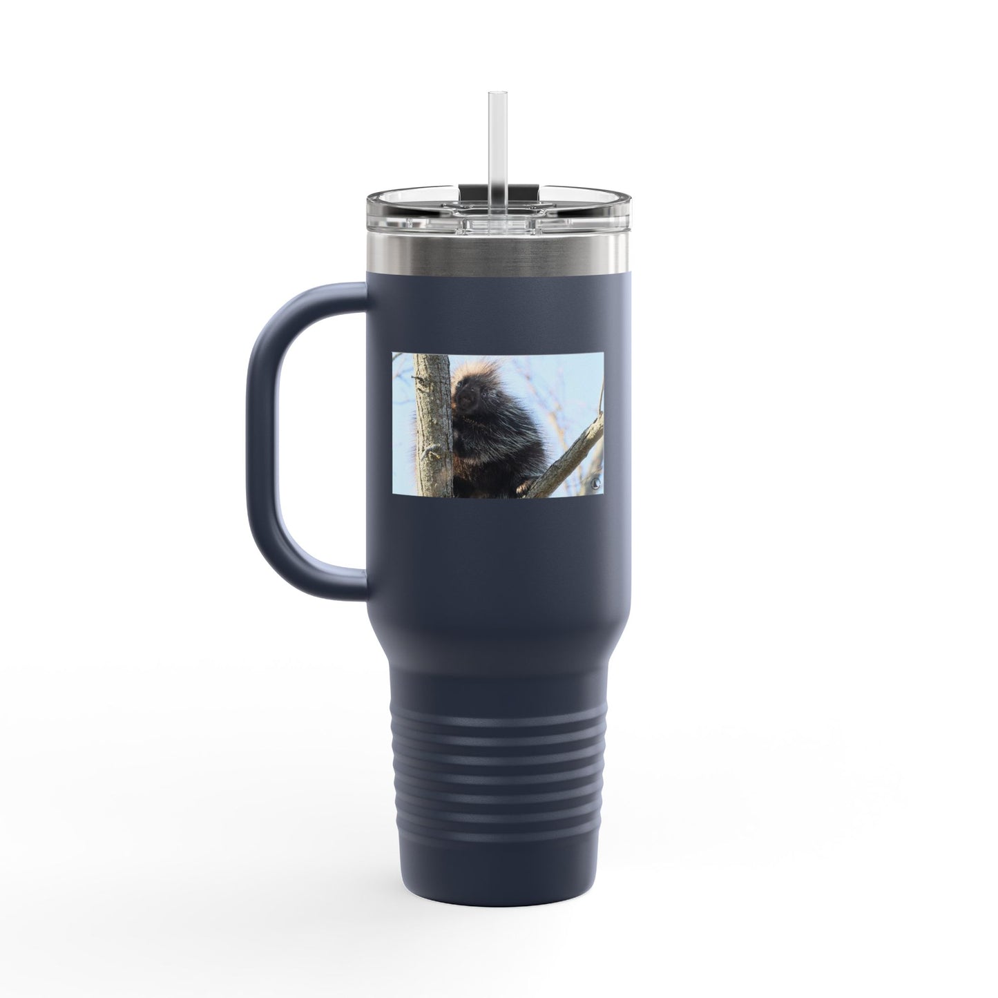 40oz Insulated Travel Mug with Cozy Raccoon Photo — Large Stainless Steel Tumbler for Road Trips & Outdoor Lovers