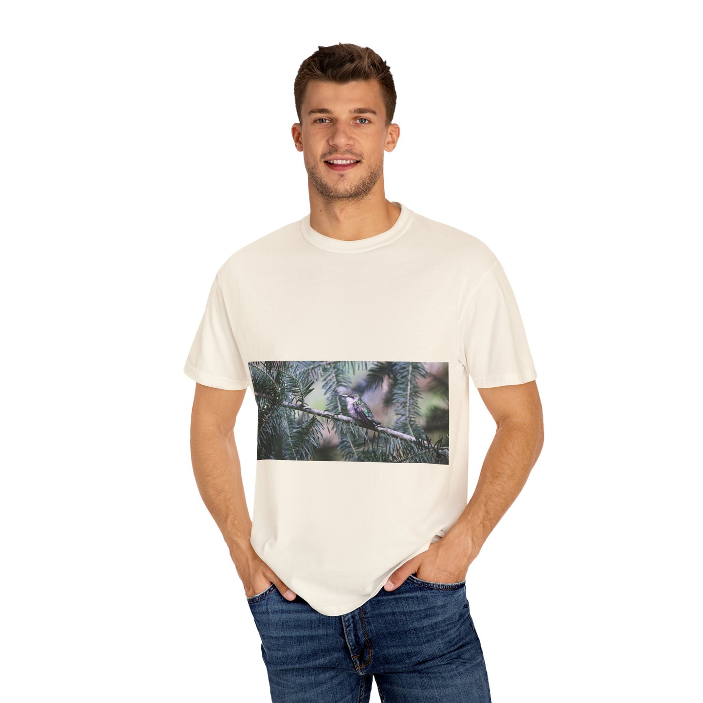 Emerald Wings: Hummingbird in Conifer Haven, Wildlife Macro Photographyphotography shirts