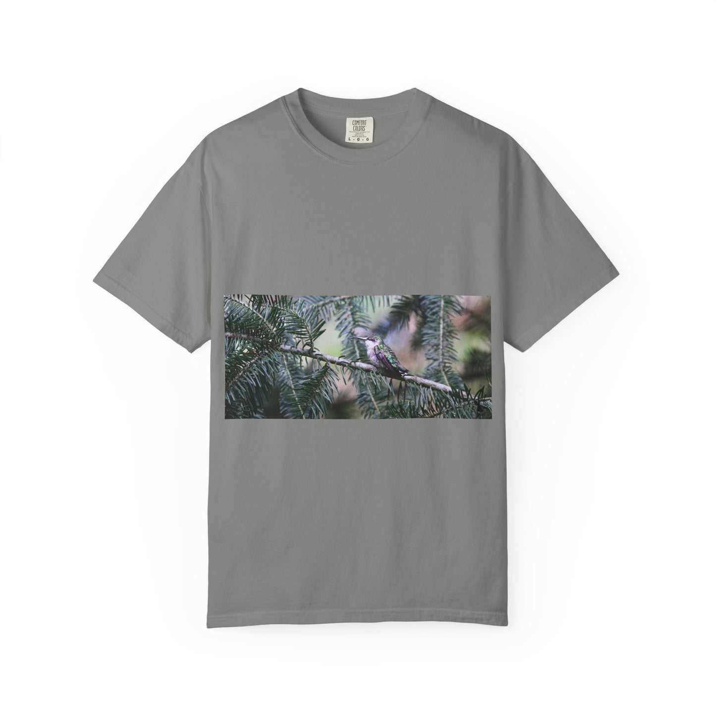 Emerald Wings: Hummingbird in Conifer Haven, Wildlife Macro Photographyphotography shirts