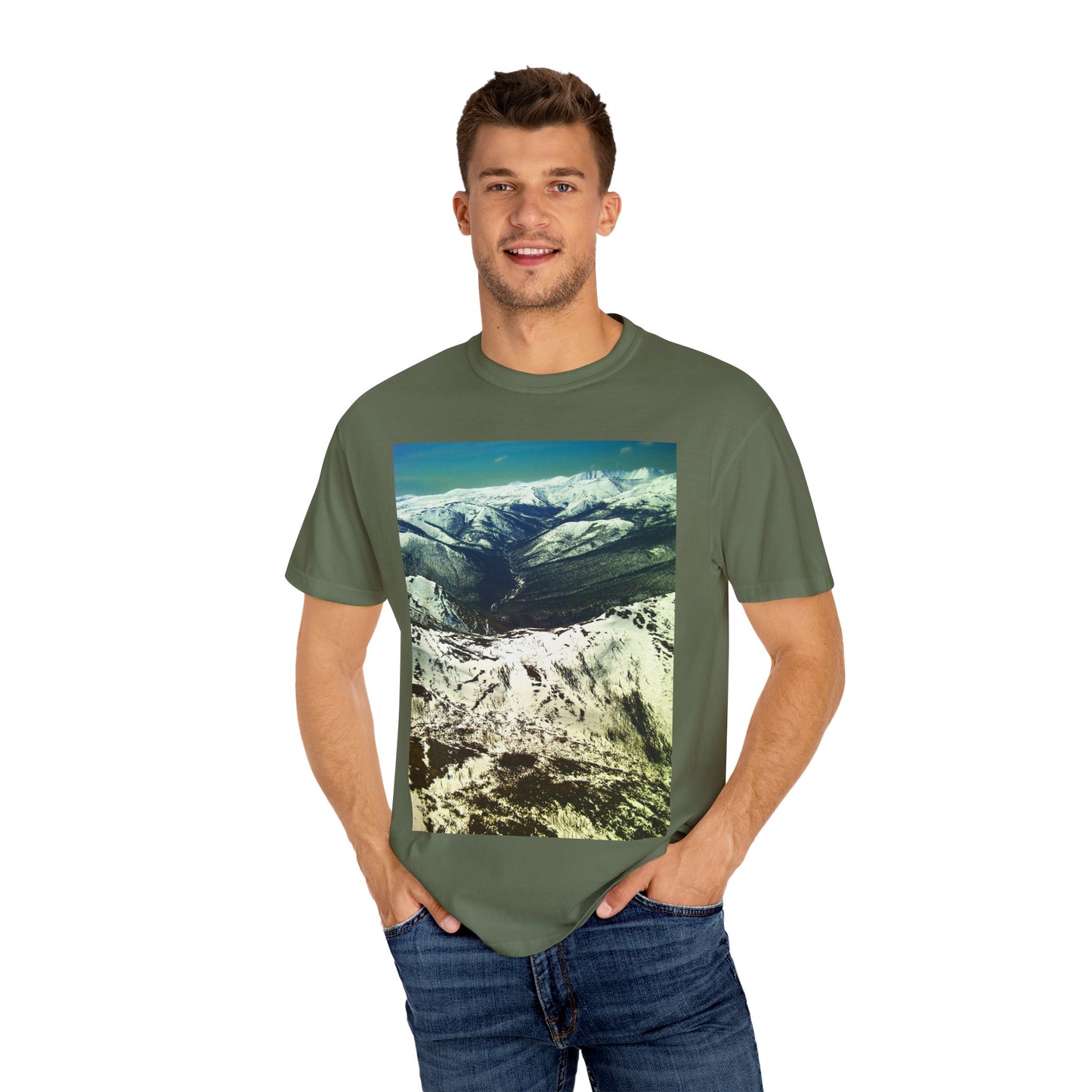 Alpine Winter Panorama: Aerial Mountain Landscape, Snow-Capped Wilderness, Pristine Winter Terrainphotography shirts