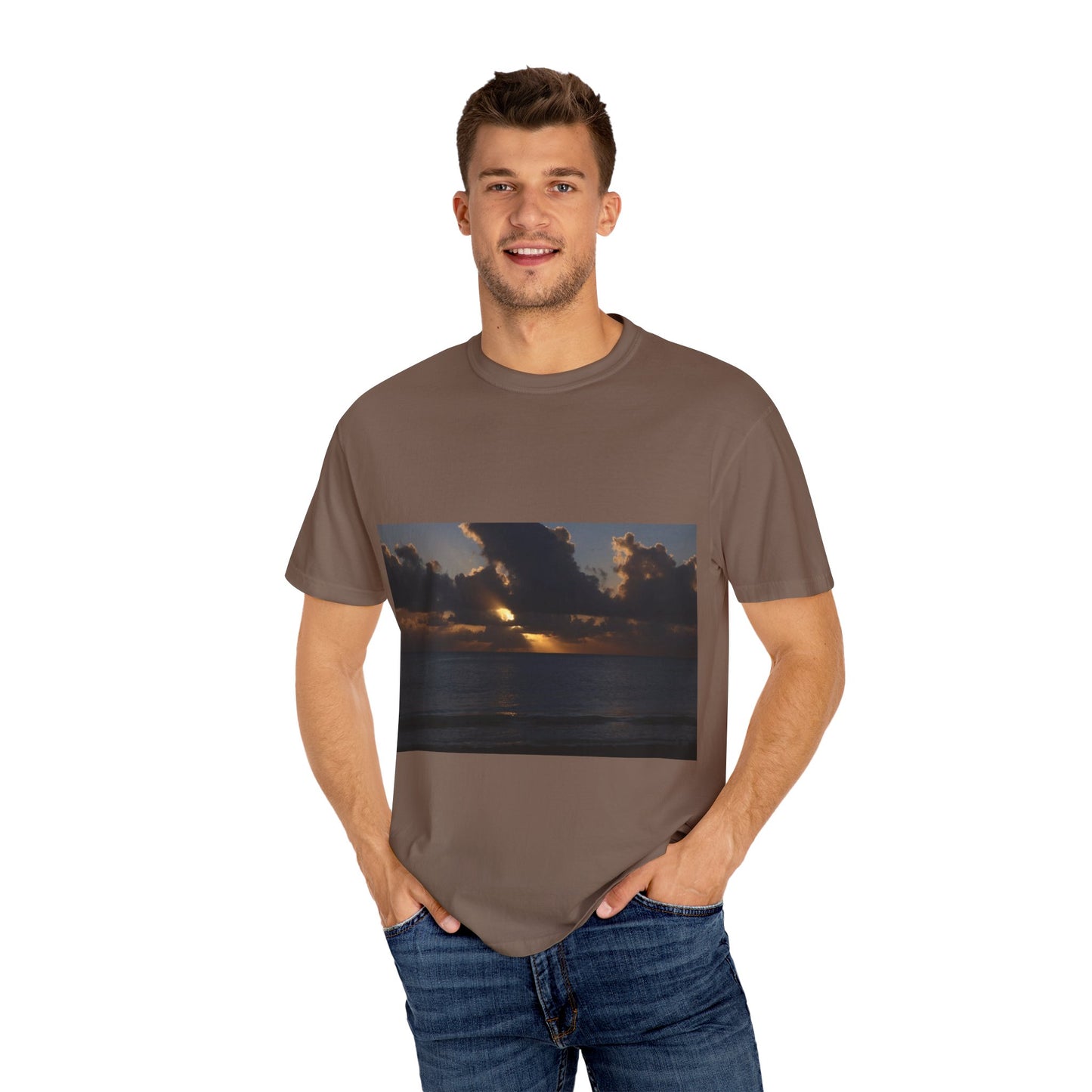 Dawn's Luminous Horizon: Seascape Sunrise, Coastal Cloudscape Panoramaphotography shirts