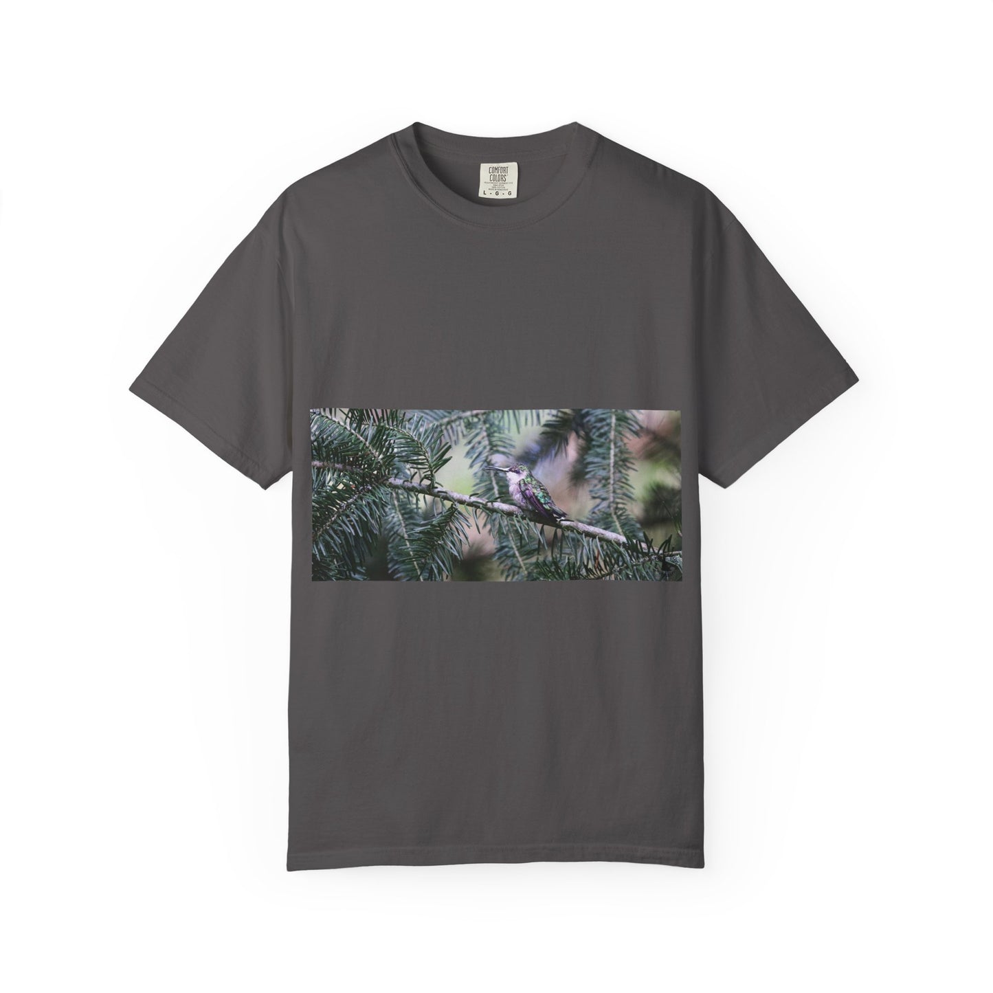 Emerald Wings: Hummingbird in Conifer Haven, Wildlife Macro Photographyphotography shirts