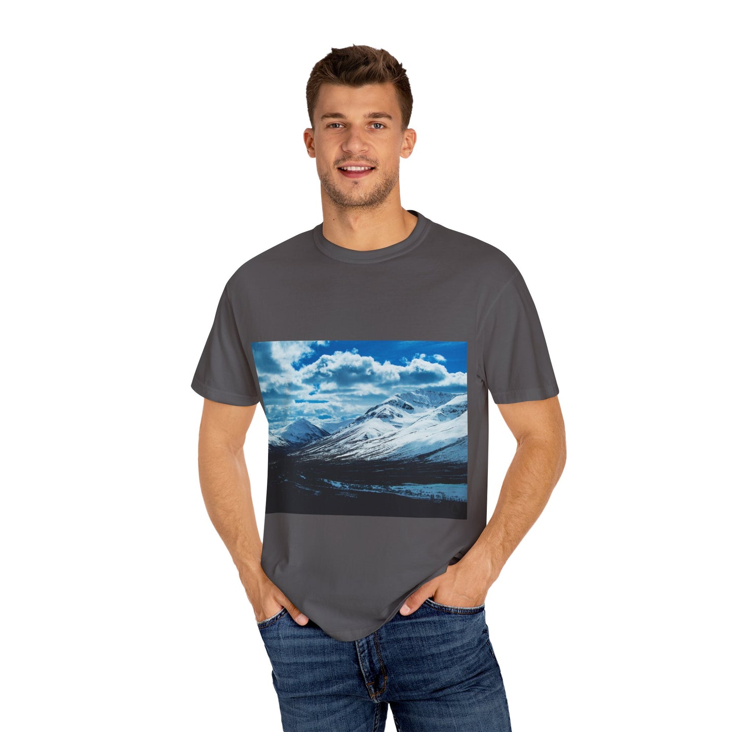 Alpine Majesty: Winter Mountain Panorama, Pristine Snow-Capped Peaks, Wilderness Landscapephotography shirts