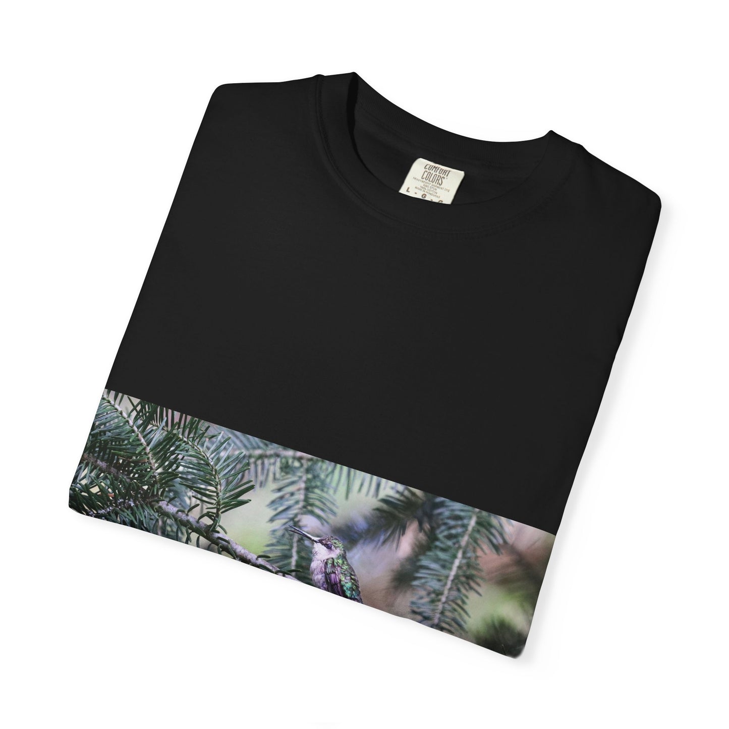 Emerald Wings: Hummingbird in Conifer Haven, Wildlife Macro Photographyphotography shirts