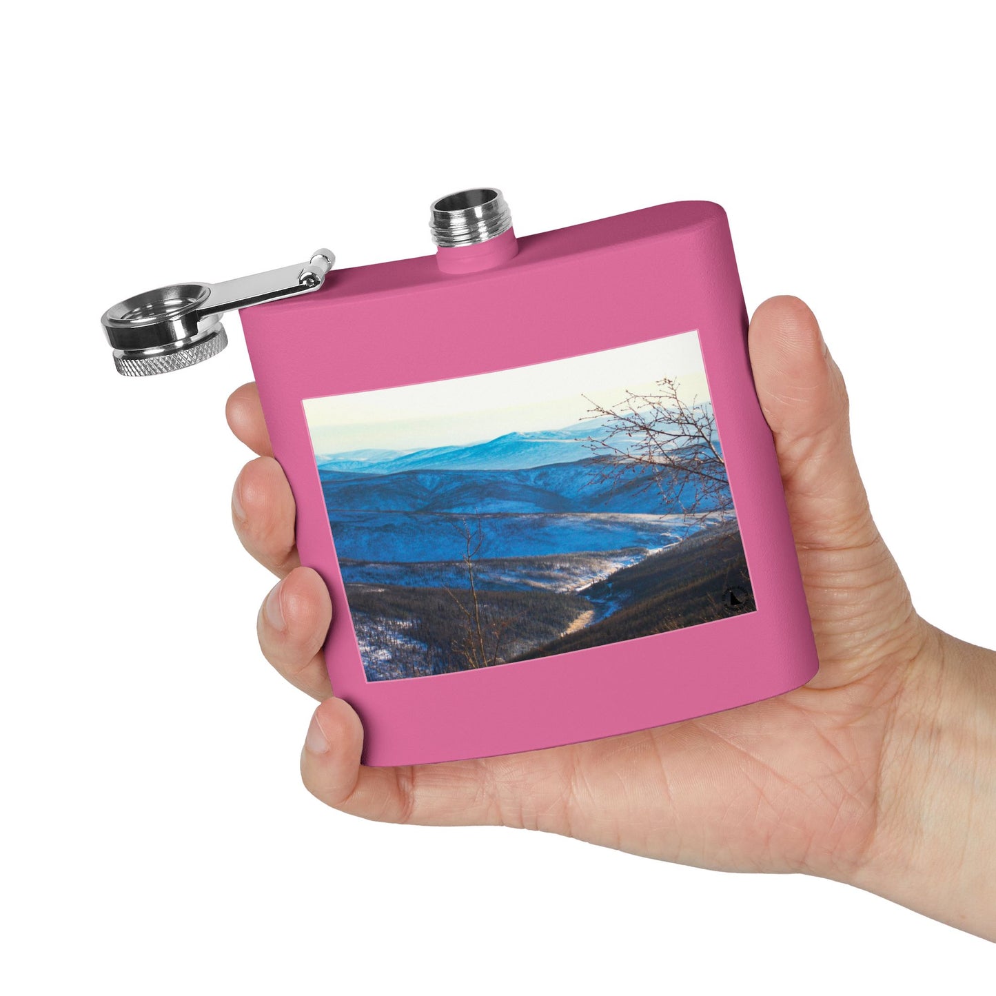 Mountain Vista 6oz Stainless Steel Flask — Scenic Blue Ridge Landscape