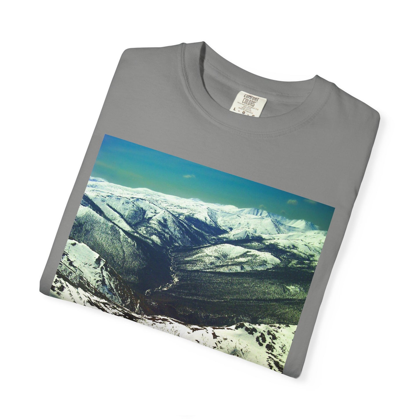 Alpine Winter Panorama: Aerial Mountain Landscape, Snow-Capped Wilderness, Pristine Winter Terrainphotography shirts