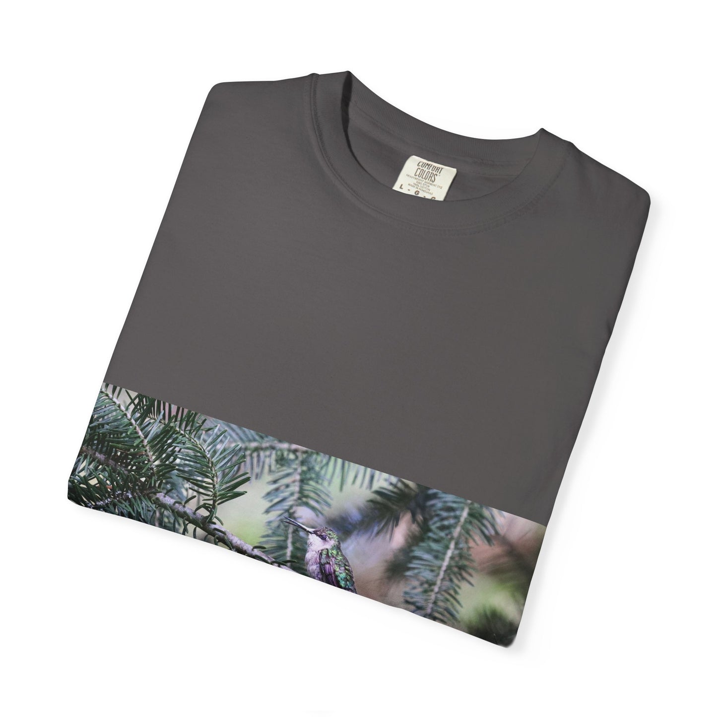 Emerald Wings: Hummingbird in Conifer Haven, Wildlife Macro Photographyphotography shirts