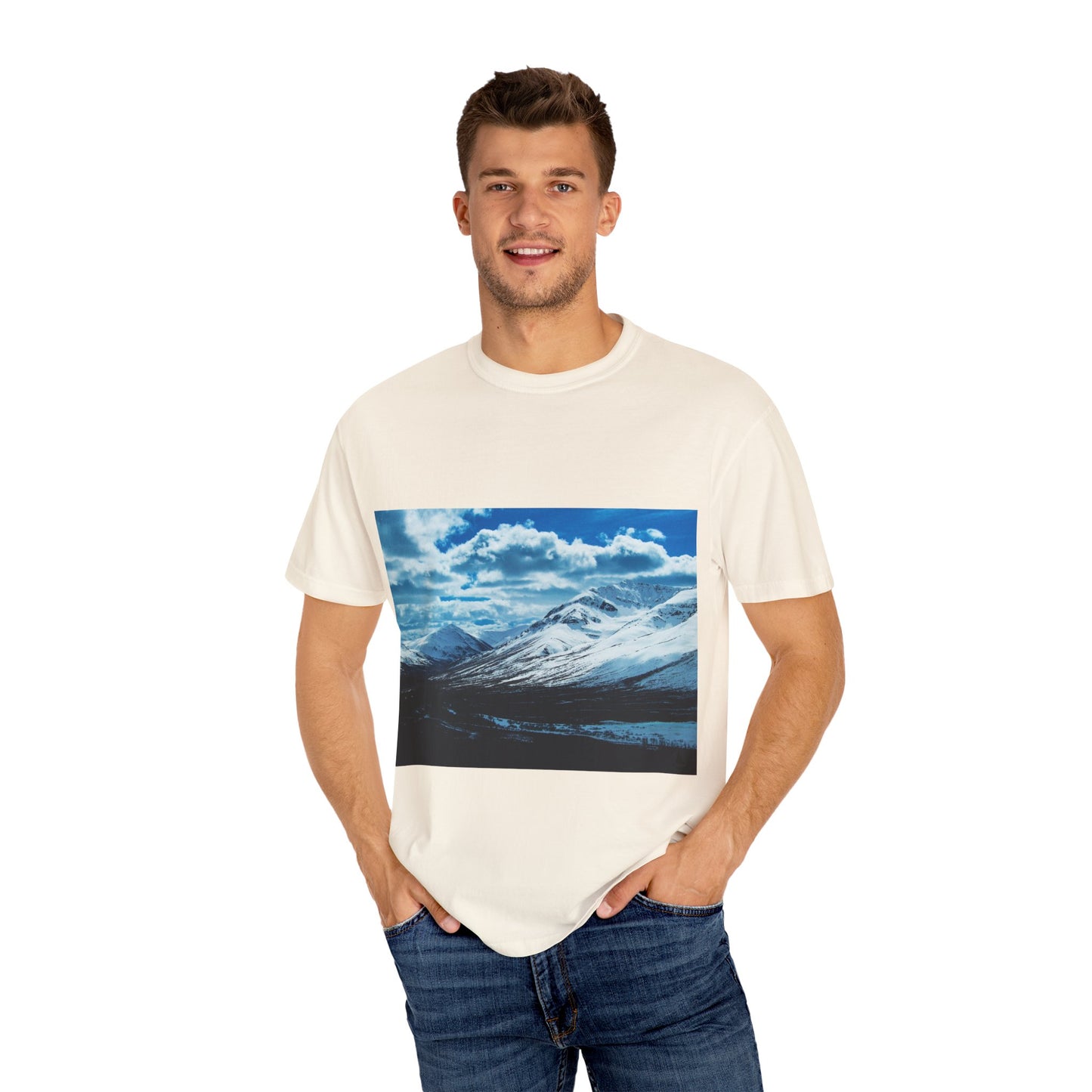 Alpine Majesty: Winter Mountain Panorama, Pristine Snow-Capped Peaks, Wilderness Landscapephotography shirts