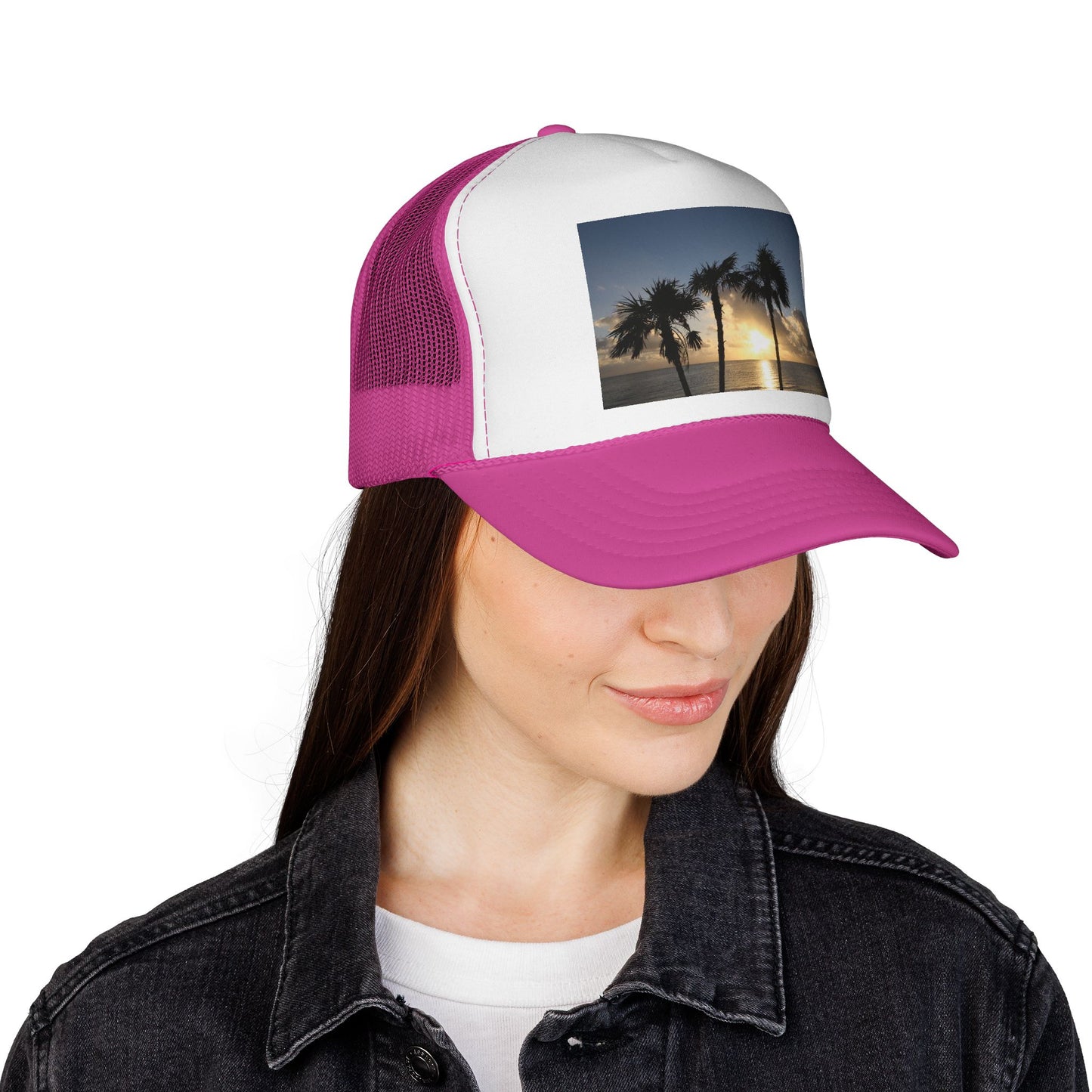 Sunset Palm Trucker Cap — Tropical Beach Sunset Mesh Hat