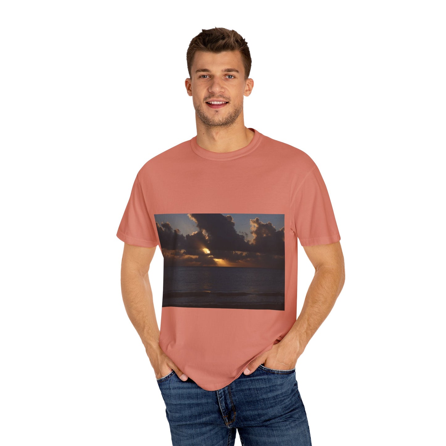 Dawn's Luminous Horizon: Seascape Sunrise, Coastal Cloudscape Panoramaphotography shirts