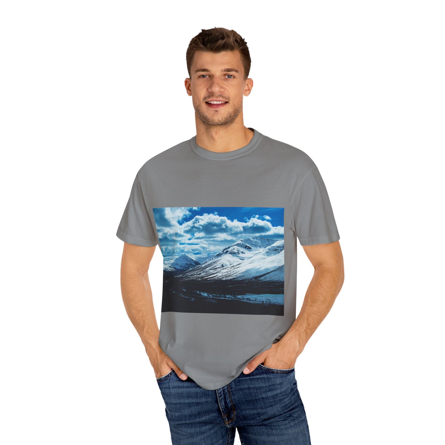 Alpine Majesty: Winter Mountain Panorama, Pristine Snow-Capped Peaks, Wilderness Landscapephotography shirts