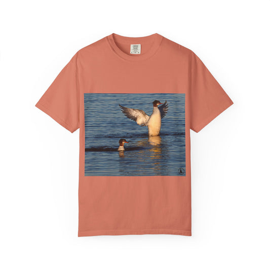 Aquatic Grace: Merganser Moments, Wildlife Photography in Bluephotography shirts