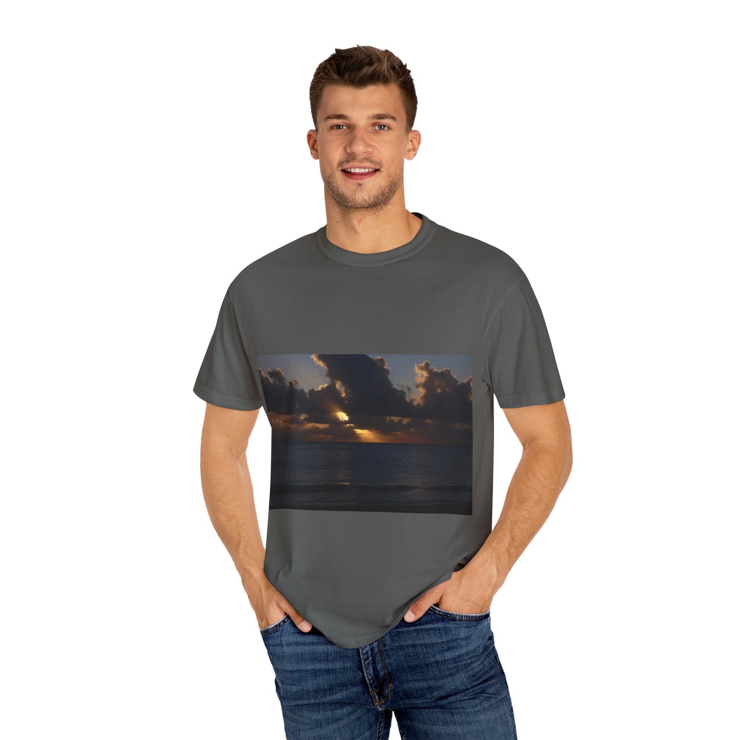 Dawn's Luminous Horizon: Seascape Sunrise, Coastal Cloudscape Panoramaphotography shirts