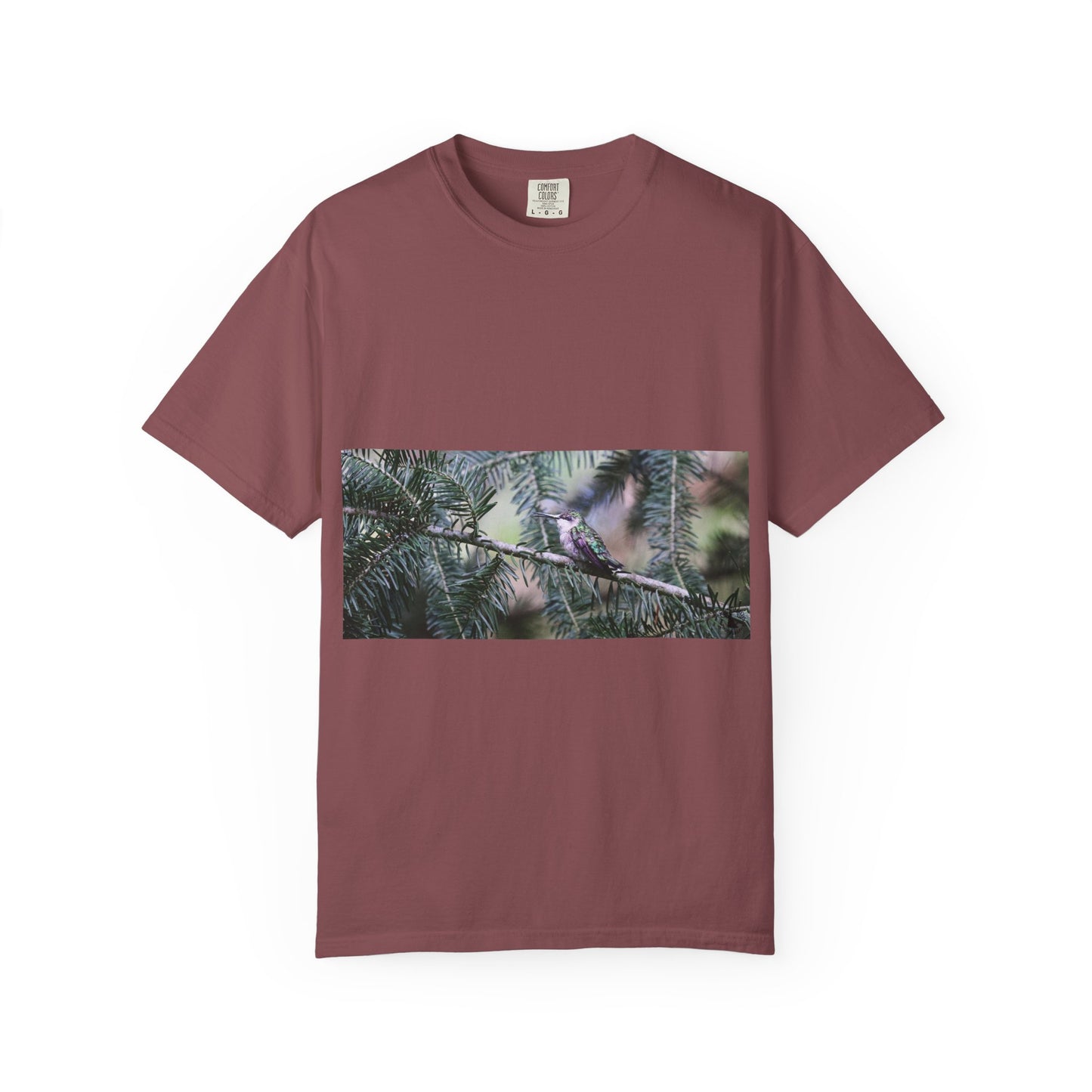 Emerald Wings: Hummingbird in Conifer Haven, Wildlife Macro Photographyphotography shirts