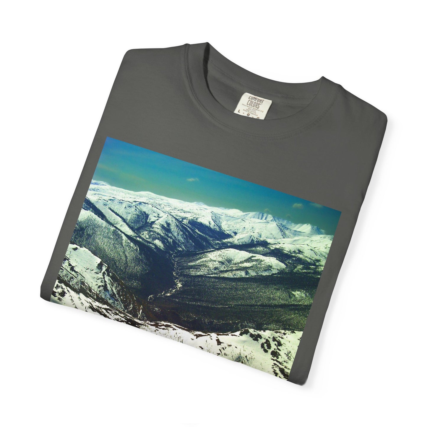 Alpine Winter Panorama: Aerial Mountain Landscape, Snow-Capped Wilderness, Pristine Winter Terrainphotography shirts