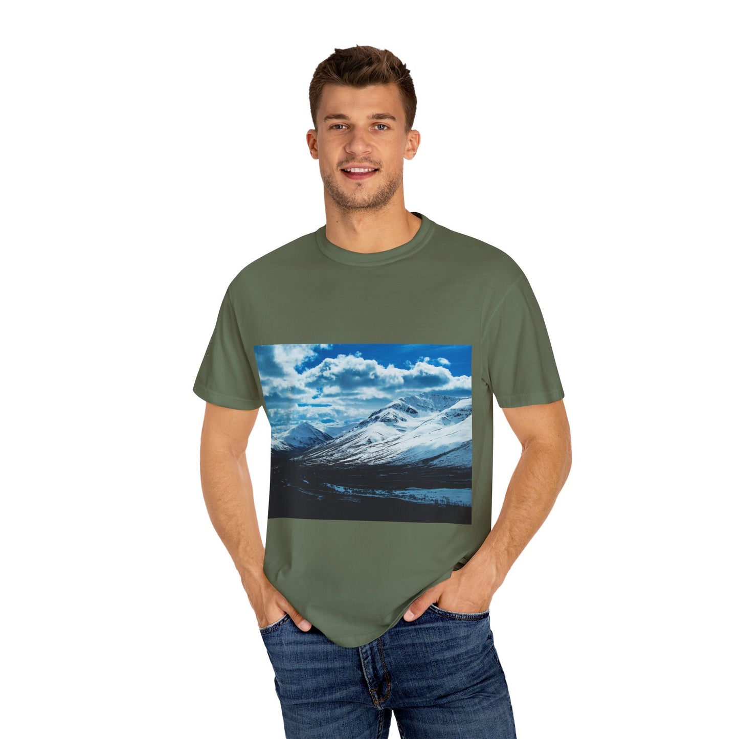 Alpine Majesty: Winter Mountain Panorama, Pristine Snow-Capped Peaks, Wilderness Landscapephotography shirts