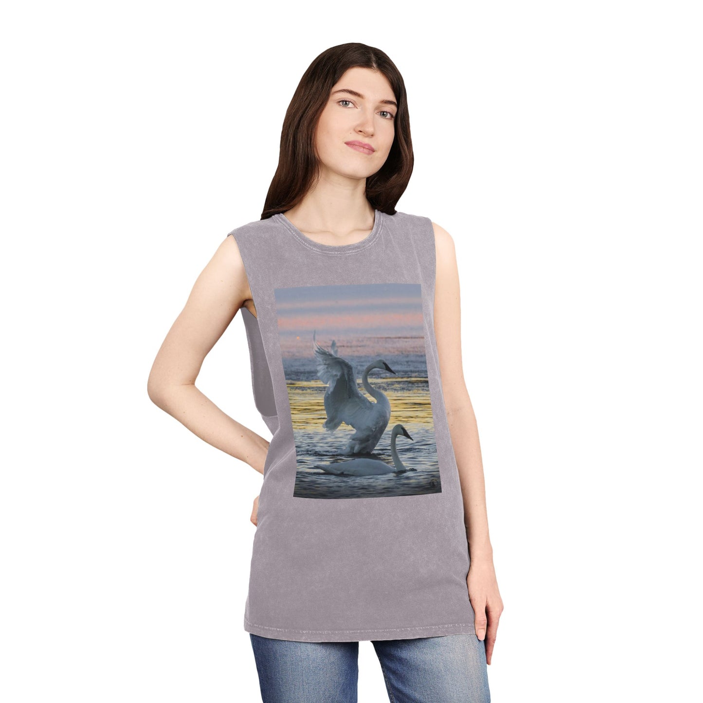 Swan Sunset Stonewash Tank Top — Tranquil Waterfowl Graphic