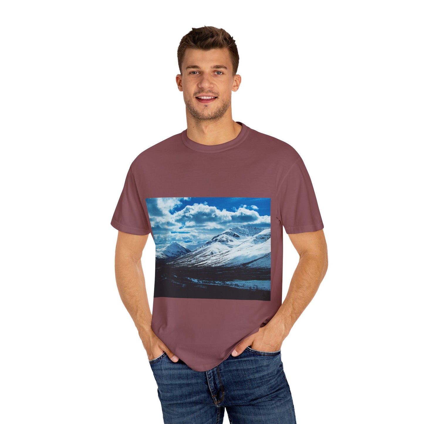 Alpine Majesty: Winter Mountain Panorama, Pristine Snow-Capped Peaks, Wilderness Landscapephotography shirts