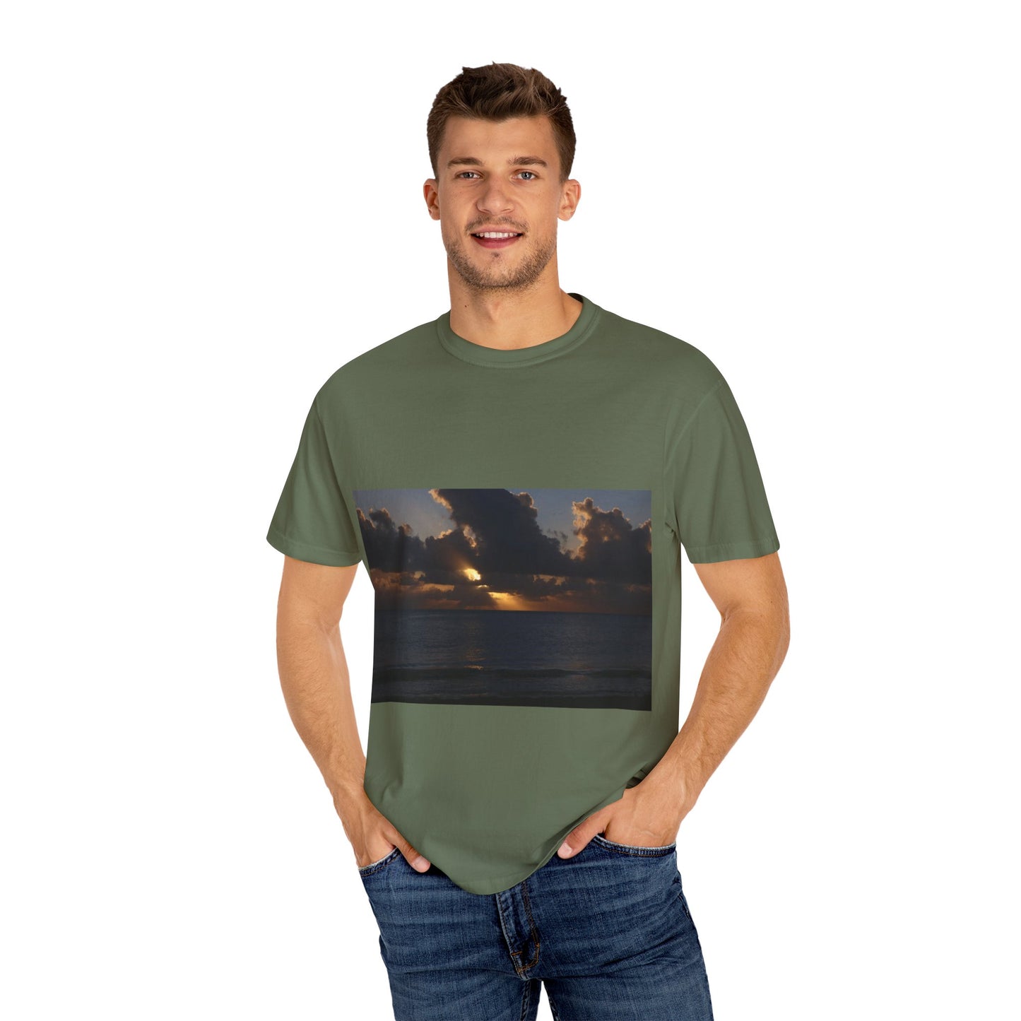 Dawn's Luminous Horizon: Seascape Sunrise, Coastal Cloudscape Panoramaphotography shirts