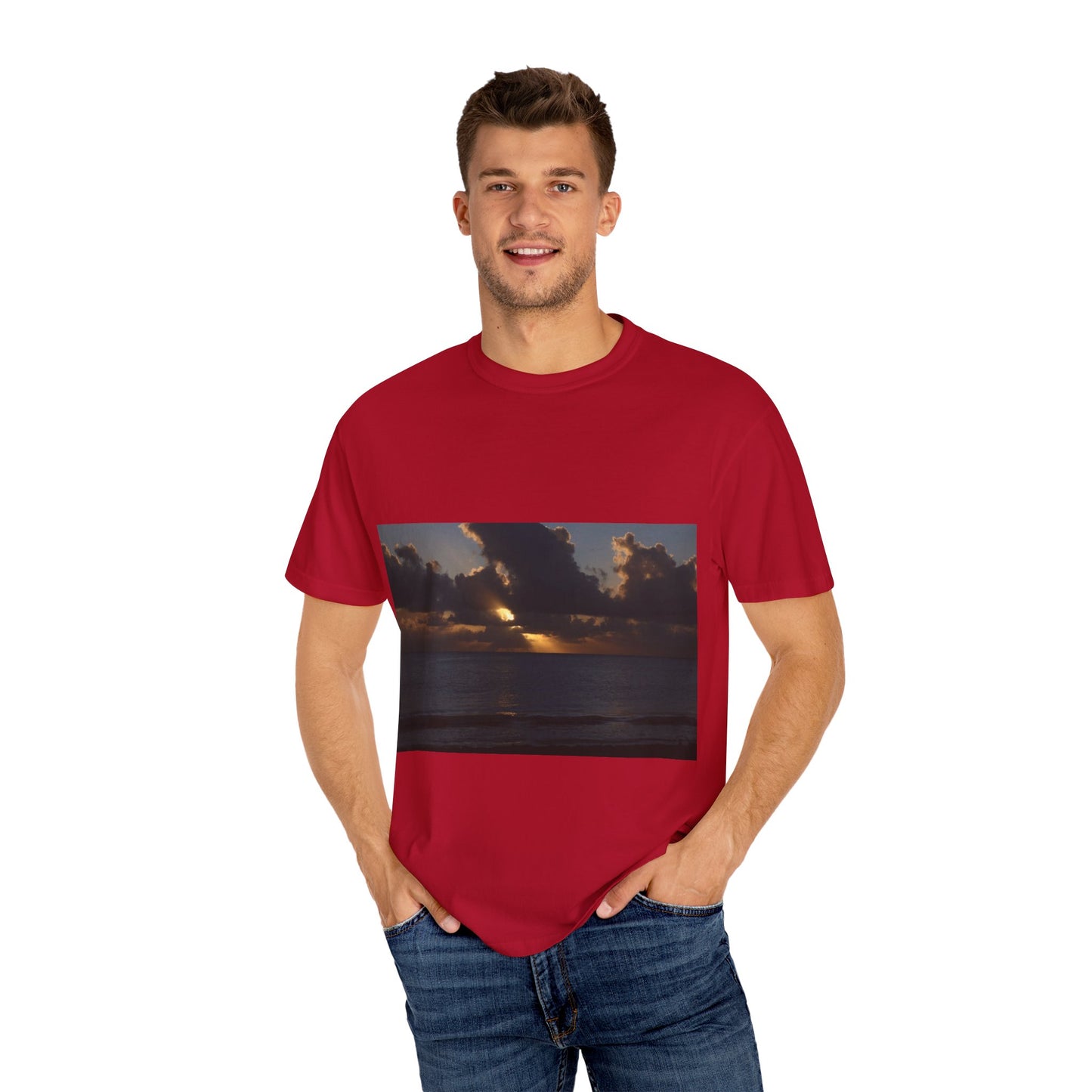 Dawn's Luminous Horizon: Seascape Sunrise, Coastal Cloudscape Panoramaphotography shirts