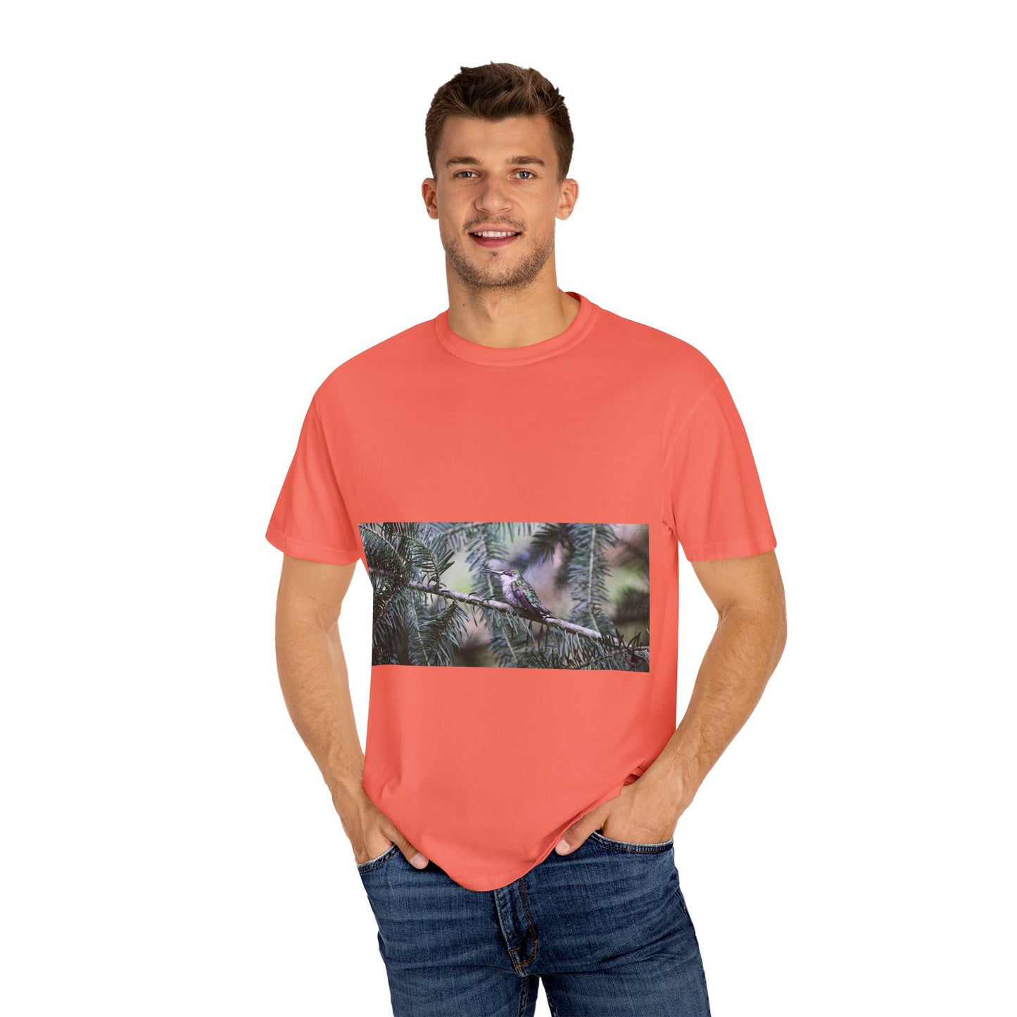 Emerald Wings: Hummingbird in Conifer Haven, Wildlife Macro Photographyphotography shirts