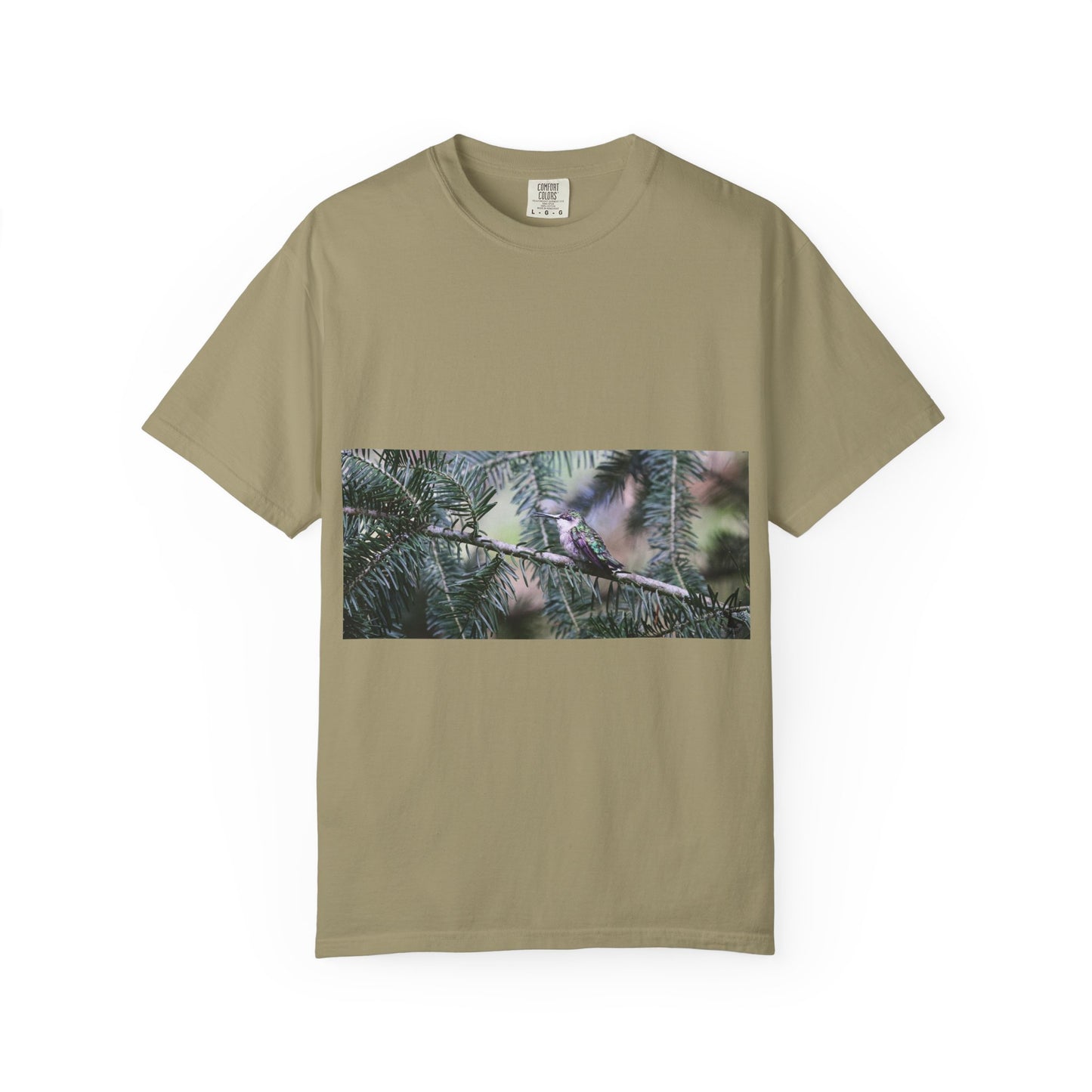 Emerald Wings: Hummingbird in Conifer Haven, Wildlife Macro Photographyphotography shirts