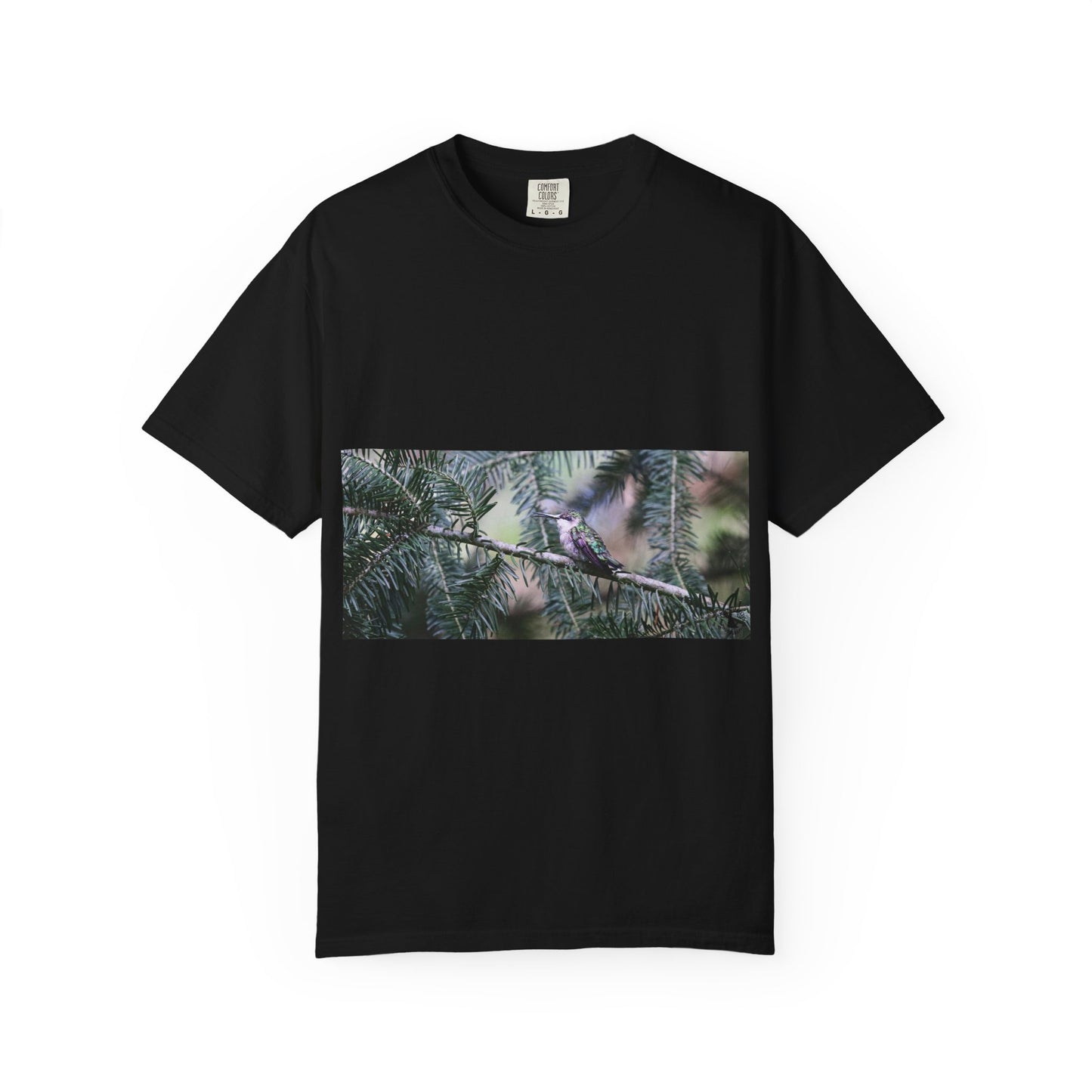 Emerald Wings: Hummingbird in Conifer Haven, Wildlife Macro Photographyphotography shirts