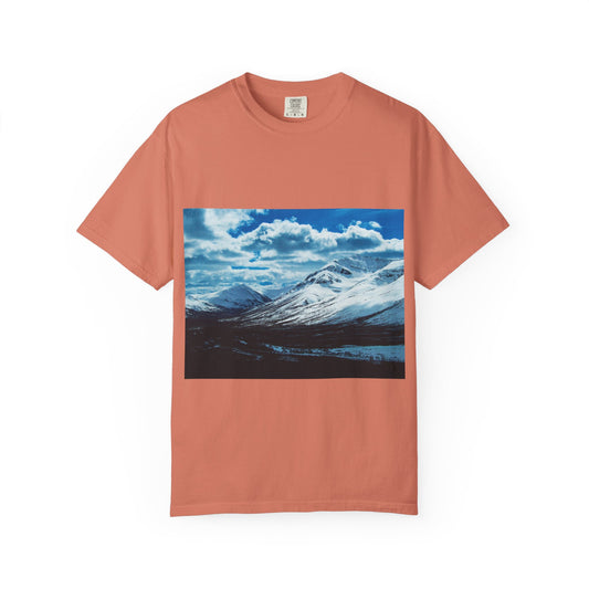 Alpine Majesty: Winter Mountain Panorama, Pristine Snow-Capped Peaks, Wilderness Landscapephotography shirts