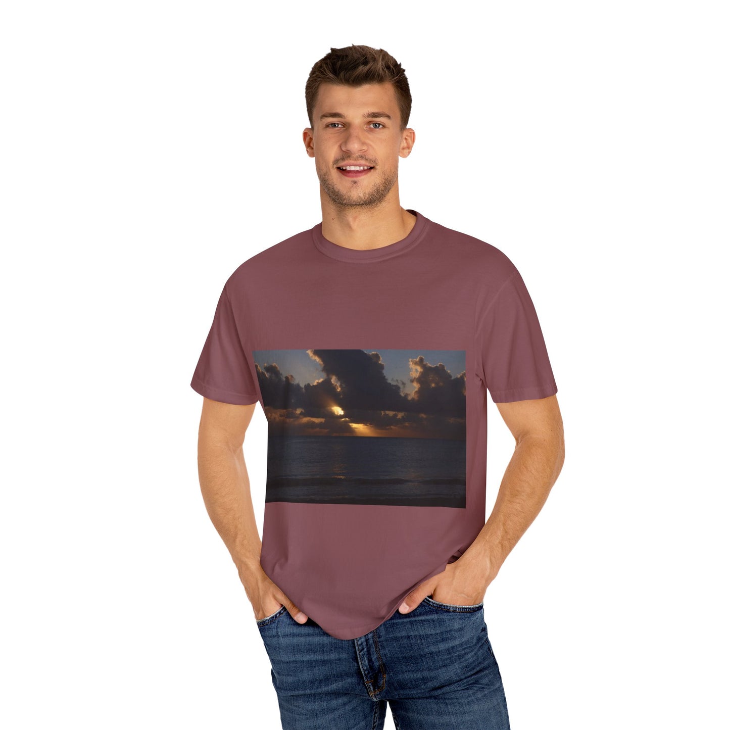 Dawn's Luminous Horizon: Seascape Sunrise, Coastal Cloudscape Panoramaphotography shirts