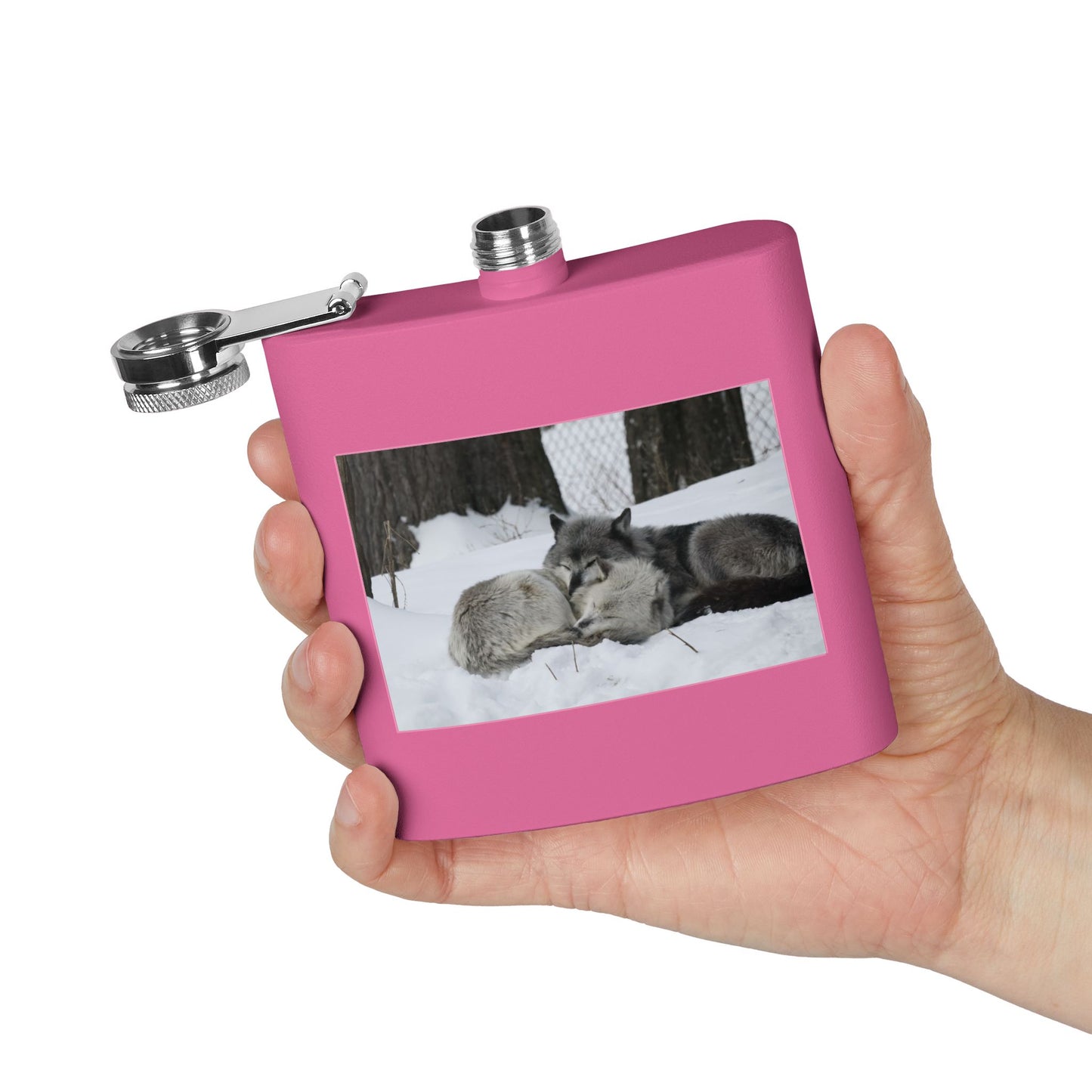 Wolf Pair Photo Stainless Steel Flask — 6oz Winter Wildlife Hip Flask