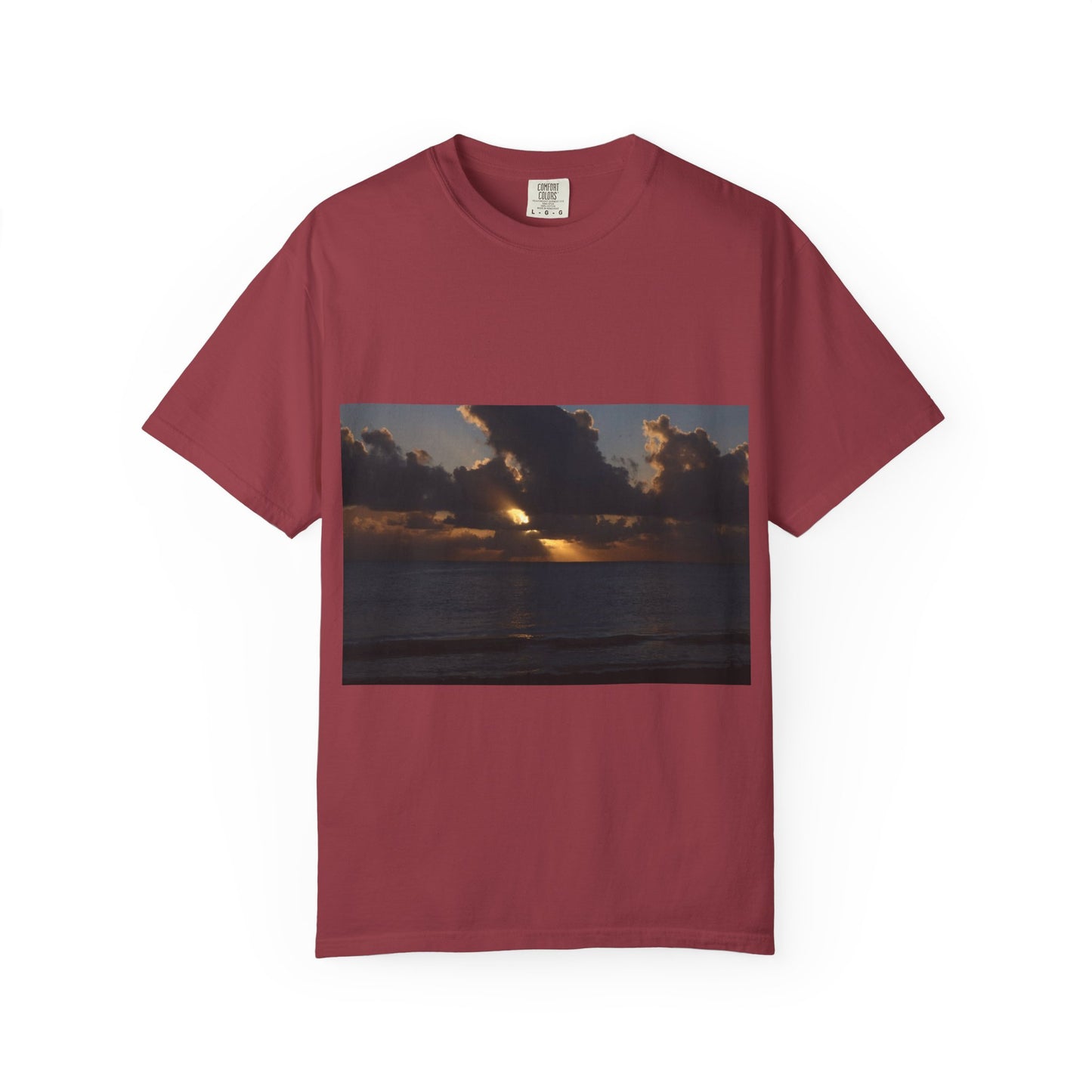 Dawn's Luminous Horizon: Seascape Sunrise, Coastal Cloudscape Panoramaphotography shirts