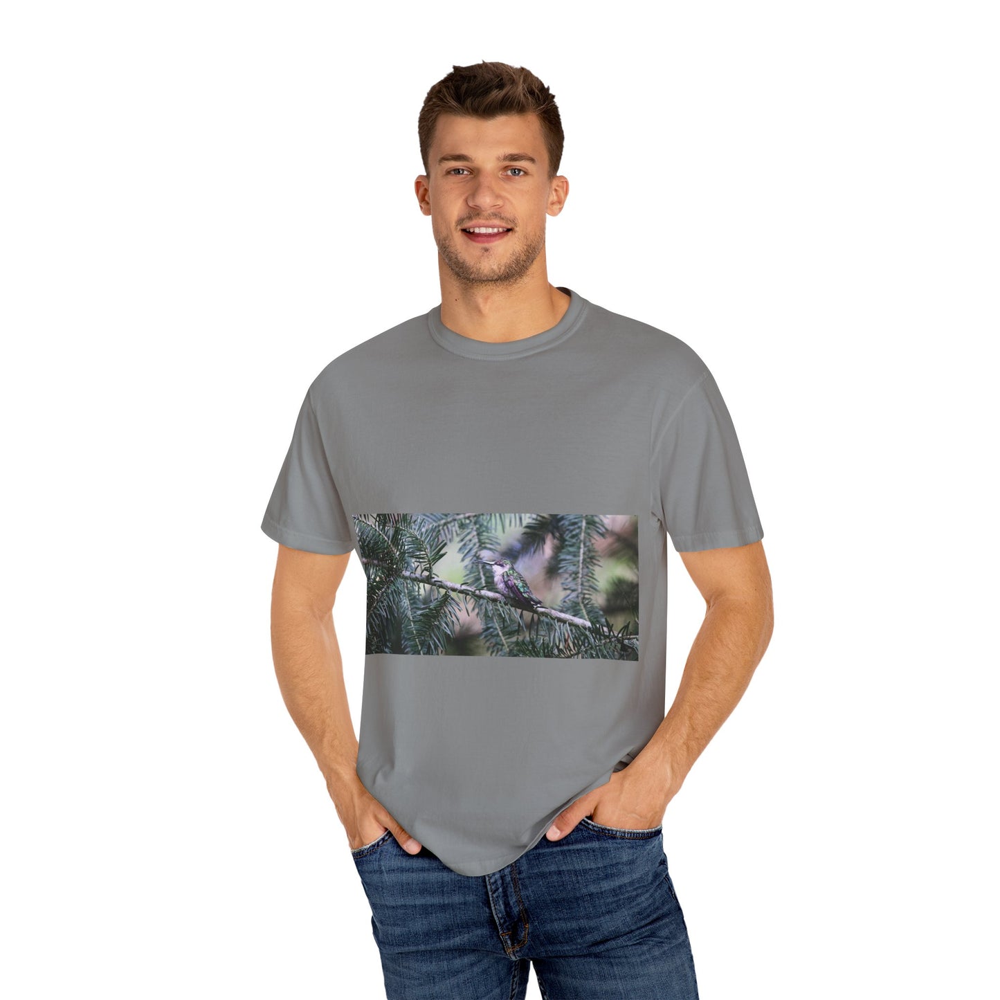 Emerald Wings: Hummingbird in Conifer Haven, Wildlife Macro Photographyphotography shirts