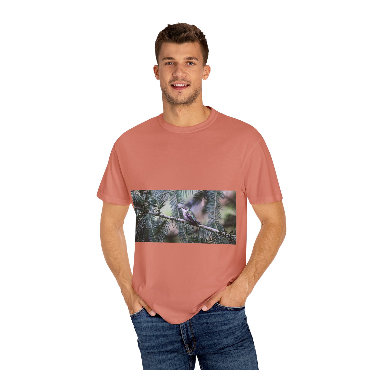 Emerald Wings: Hummingbird in Conifer Haven, Wildlife Macro Photographyphotography shirts