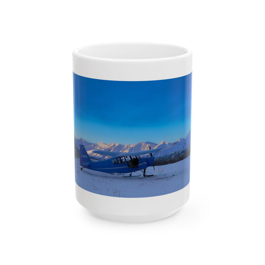 Aviation Mug, Vintage Biplane Ceramic Coffee Cup, Pilot Gift, Airplane Art, Winter Mountain Landscape Drinkware, Adventure Travel Souvenir