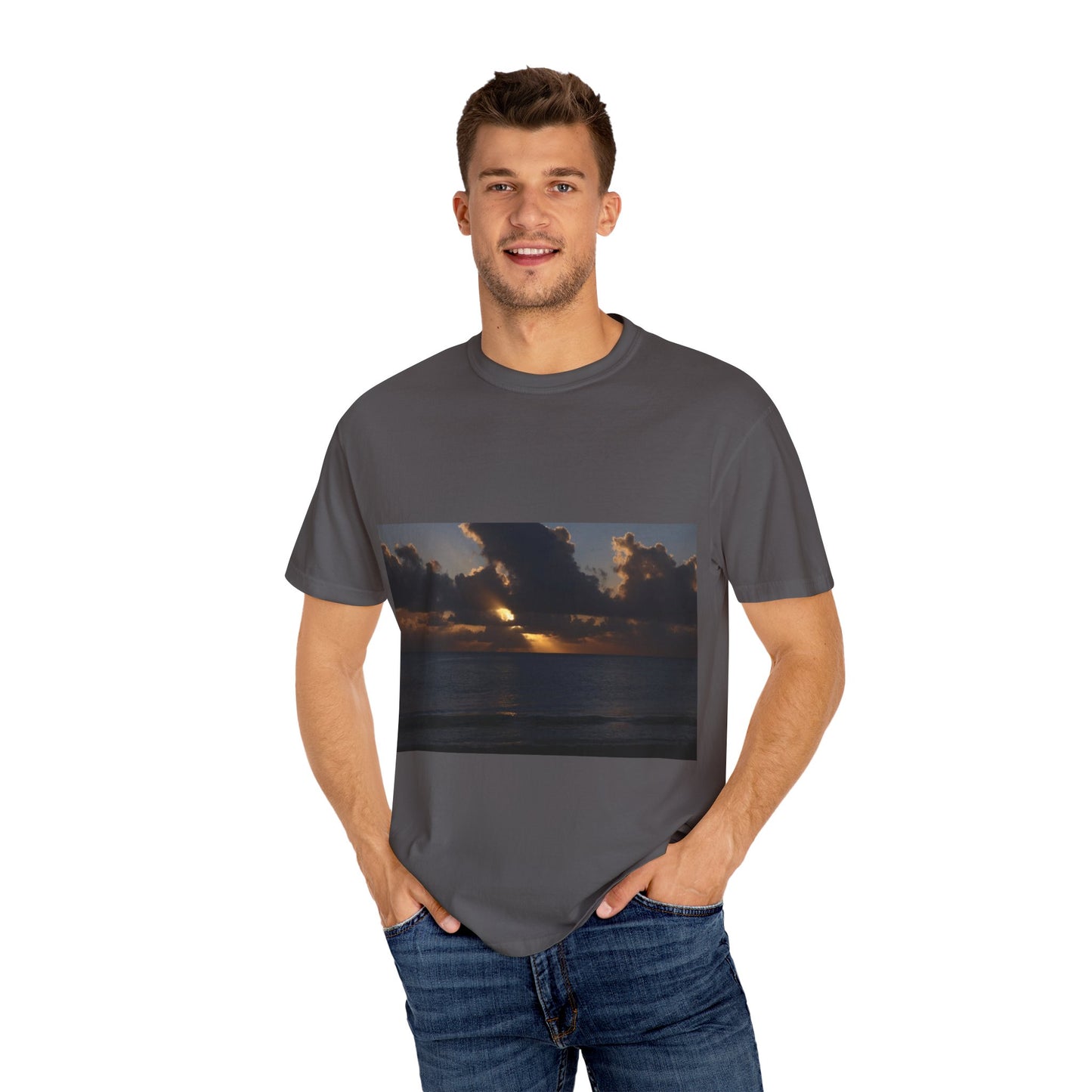 Dawn's Luminous Horizon: Seascape Sunrise, Coastal Cloudscape Panoramaphotography shirts