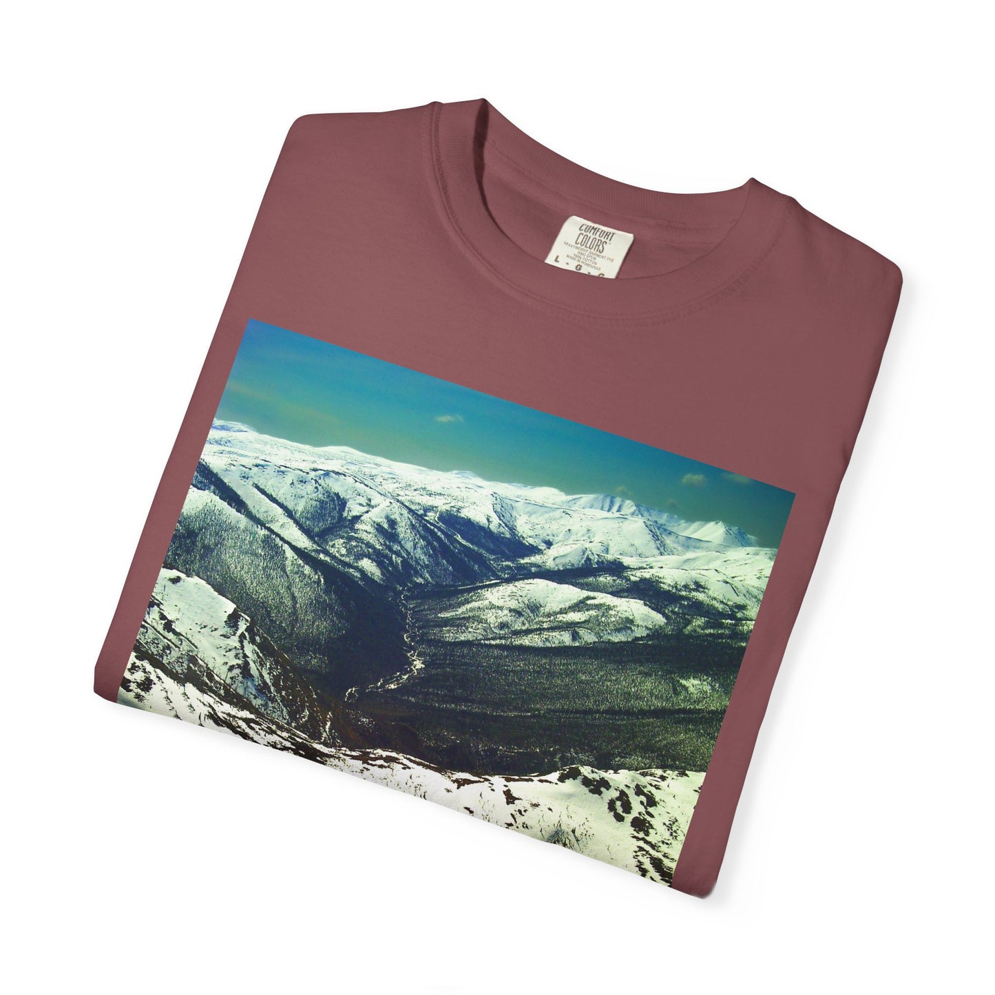 Alpine Winter Panorama: Aerial Mountain Landscape, Snow-Capped Wilderness, Pristine Winter Terrainphotography shirts