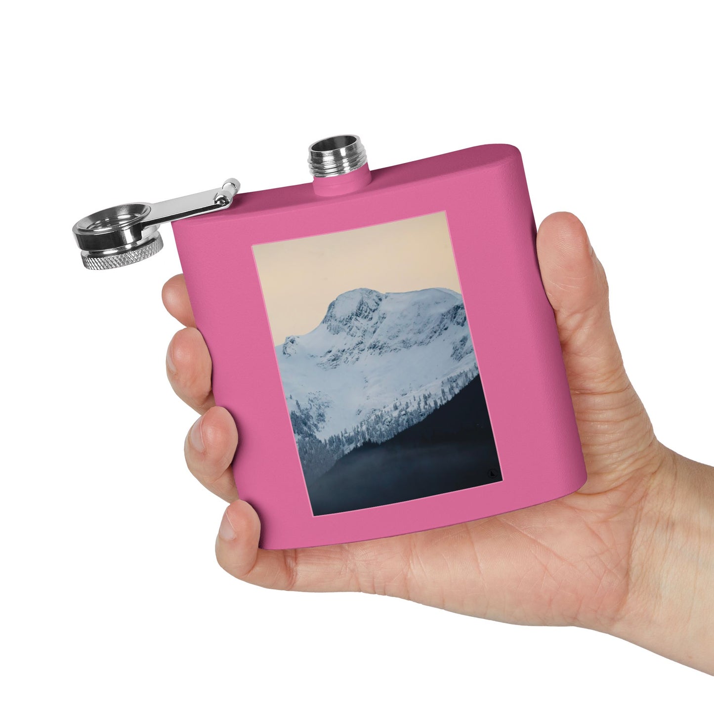 Mountain Peak 6oz Stainless Steel Flask — Snowy Summit Photo Design