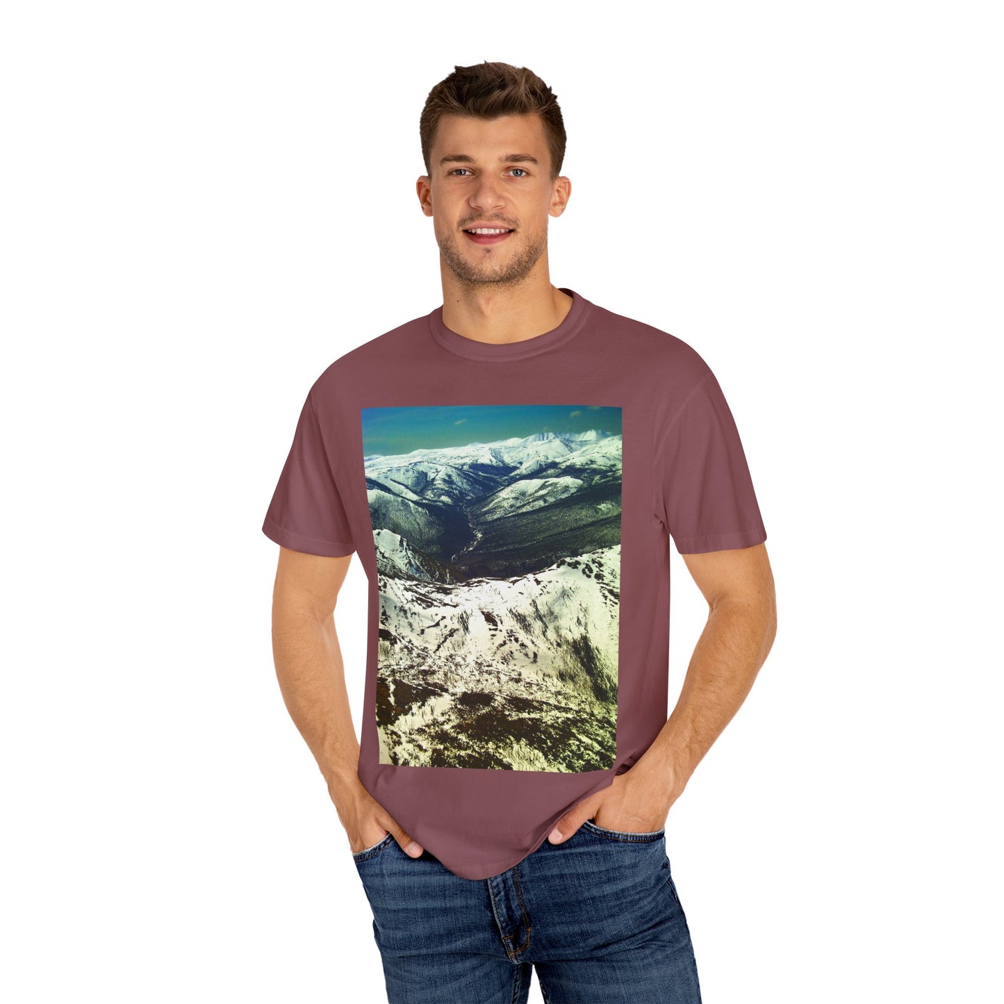 Alpine Winter Panorama: Aerial Mountain Landscape, Snow-Capped Wilderness, Pristine Winter Terrainphotography shirts