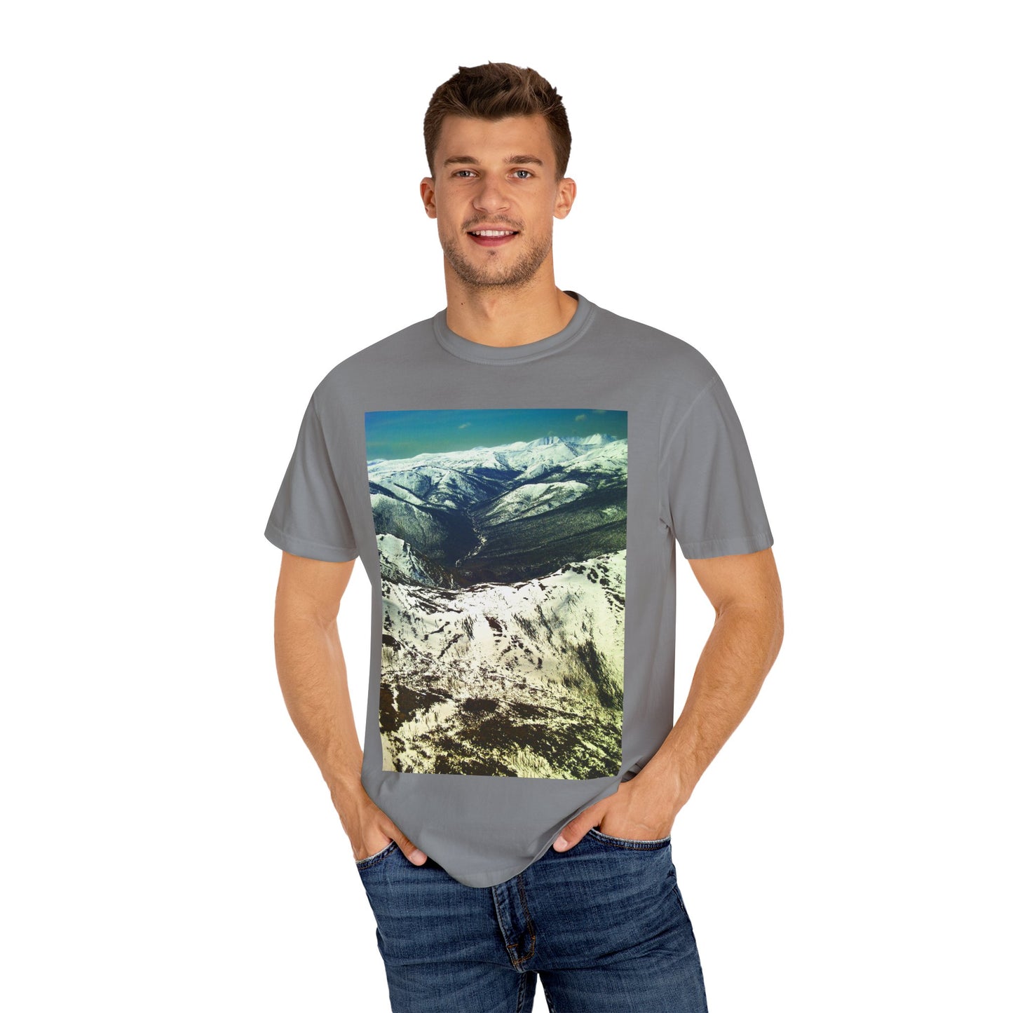 Alpine Winter Panorama: Aerial Mountain Landscape, Snow-Capped Wilderness, Pristine Winter Terrainphotography shirts