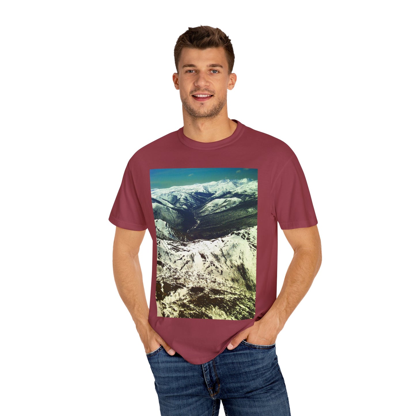 Alpine Winter Panorama: Aerial Mountain Landscape, Snow-Capped Wilderness, Pristine Winter Terrainphotography shirts