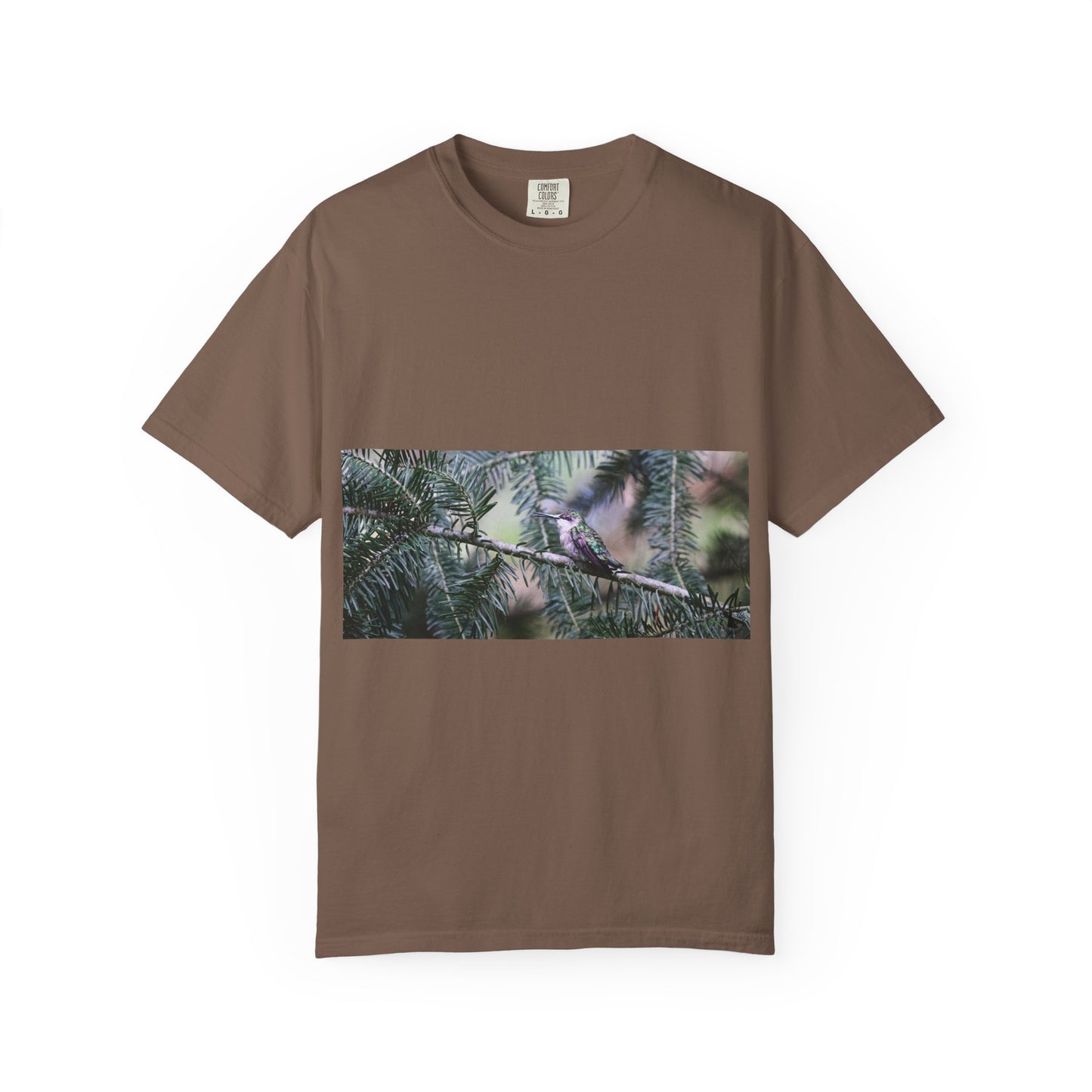 Emerald Wings: Hummingbird in Conifer Haven, Wildlife Macro Photographyphotography shirts