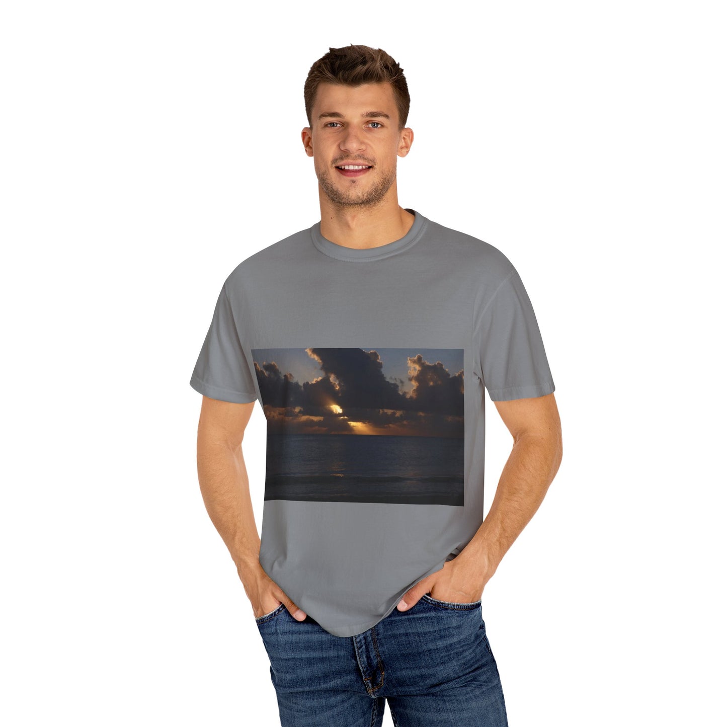 Dawn's Luminous Horizon: Seascape Sunrise, Coastal Cloudscape Panoramaphotography shirts
