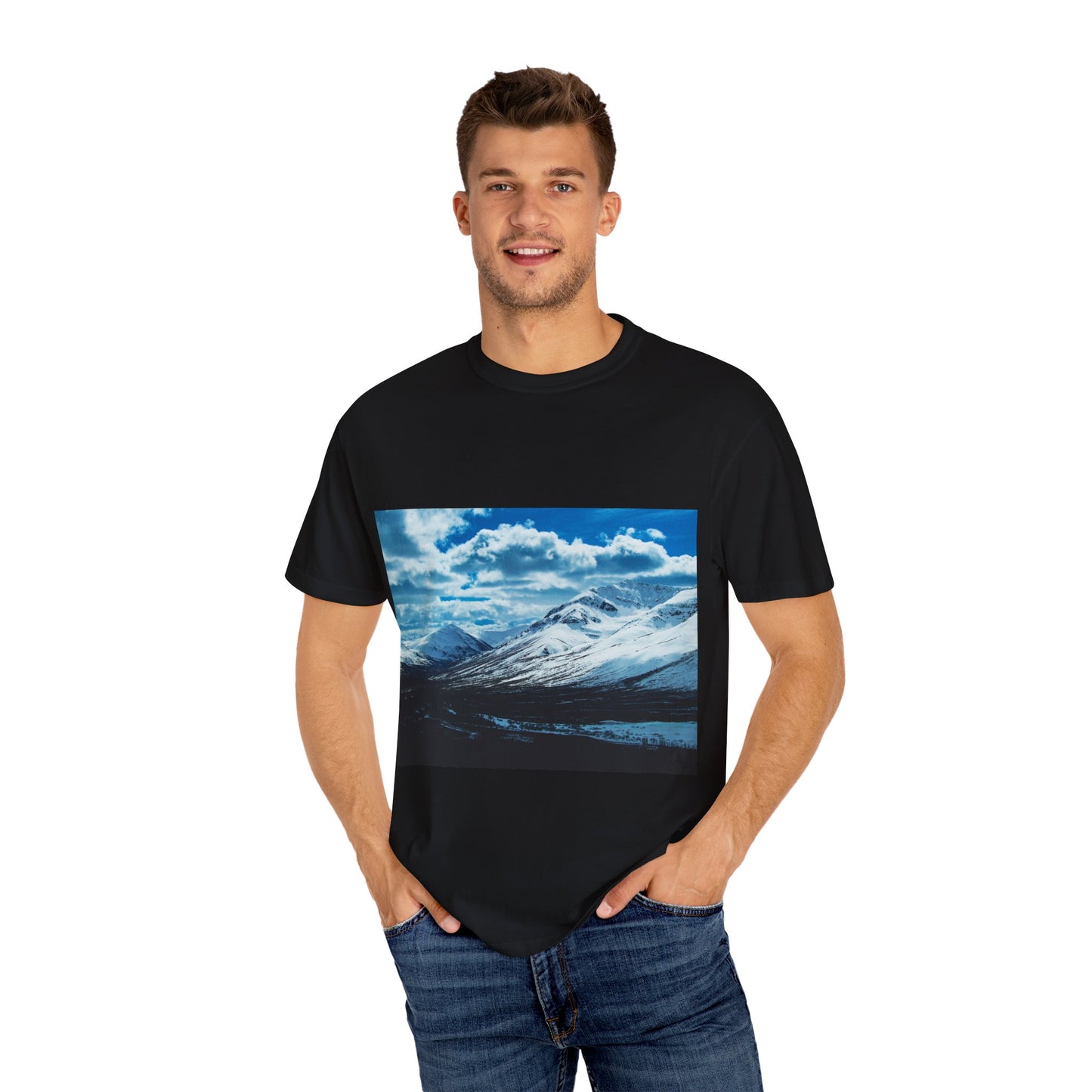 Alpine Majesty: Winter Mountain Panorama, Pristine Snow-Capped Peaks, Wilderness Landscapephotography shirts