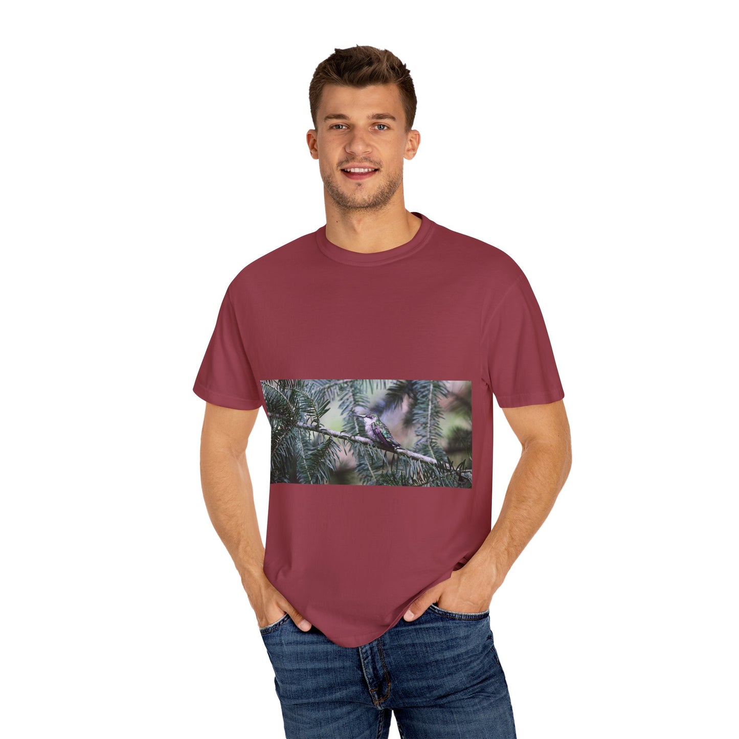 Emerald Wings: Hummingbird in Conifer Haven, Wildlife Macro Photographyphotography shirts