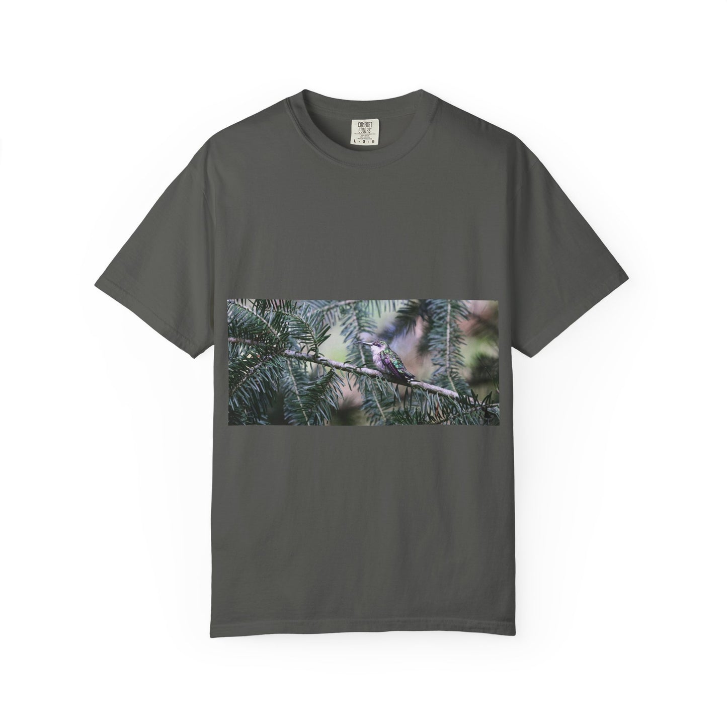 Emerald Wings: Hummingbird in Conifer Haven, Wildlife Macro Photographyphotography shirts